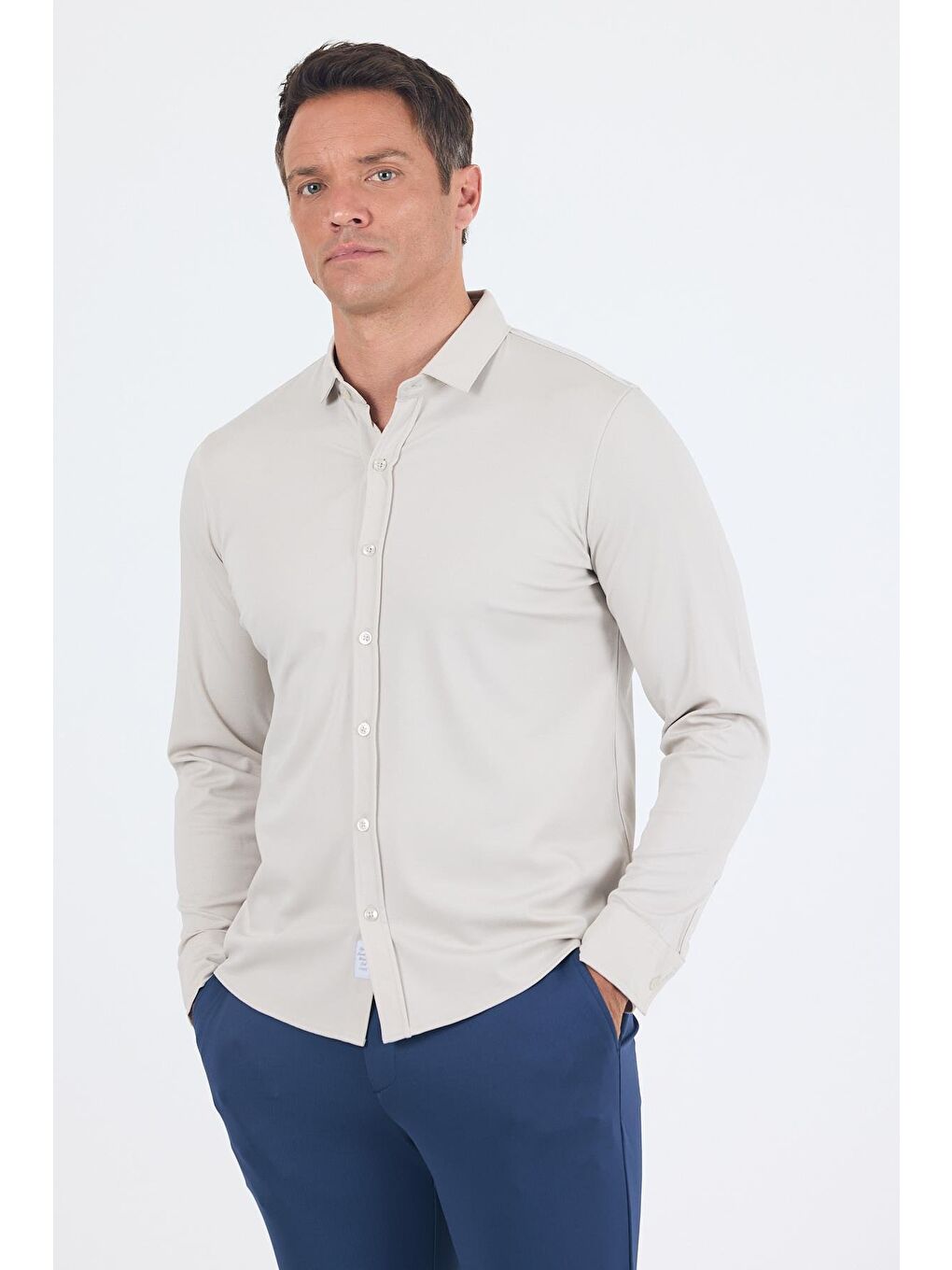 Bej Taş Rengi Uzun Kol Düz Örme Polo Yaka Cepsiz Esnek Classic Slim Fit Gömlek 1004250153_610-2