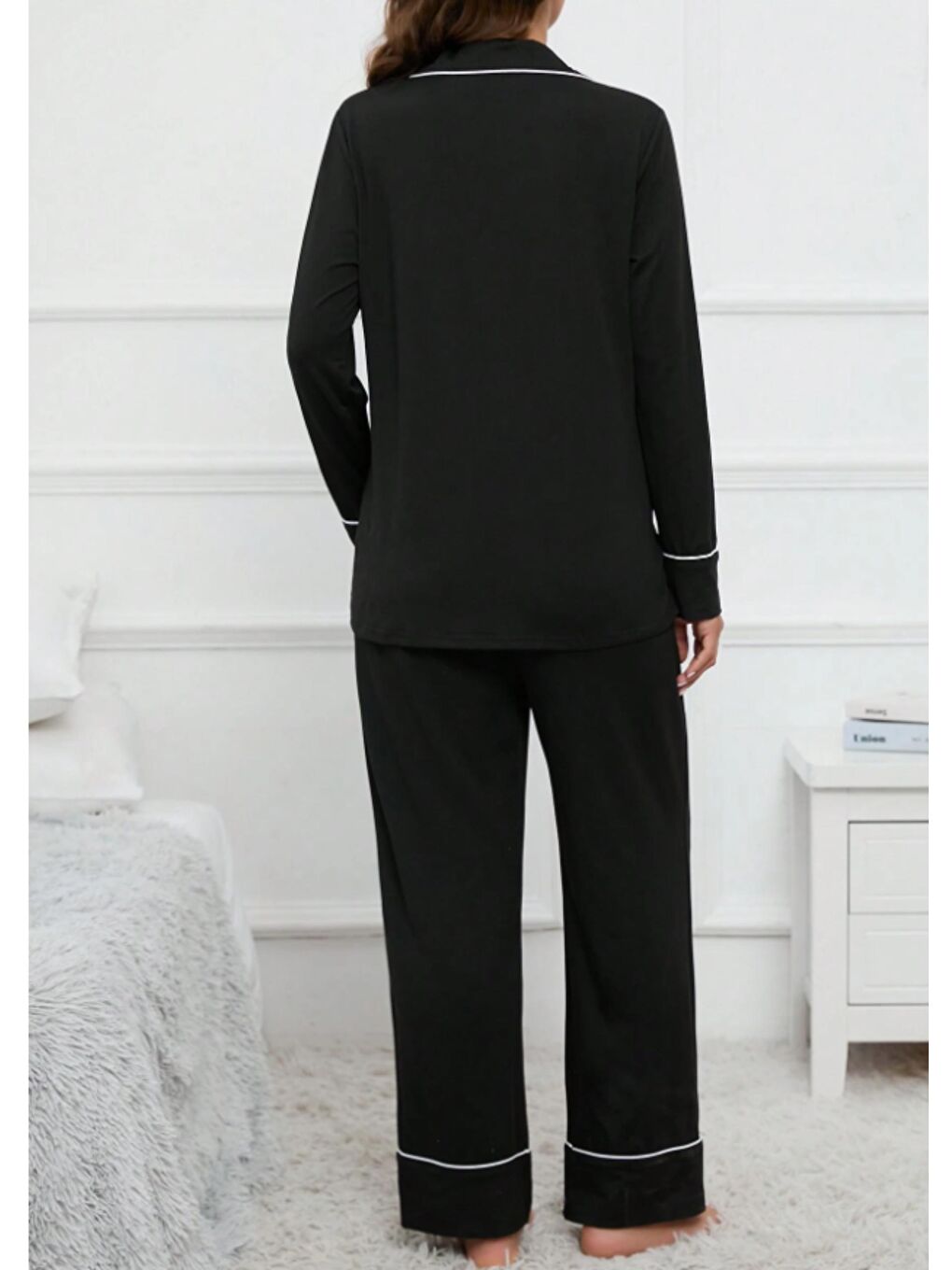 Siyah Gömlek Yaka Önden Düğmeli Uzun Kol Rahat Form Hamile ve Lohusa Pijama Takımı-1