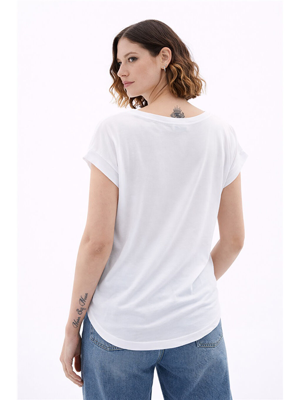 Ekru Dökümlü Bisiklet Yaka Kısa Kollu Kadın Bluz 26Y0081K1-4