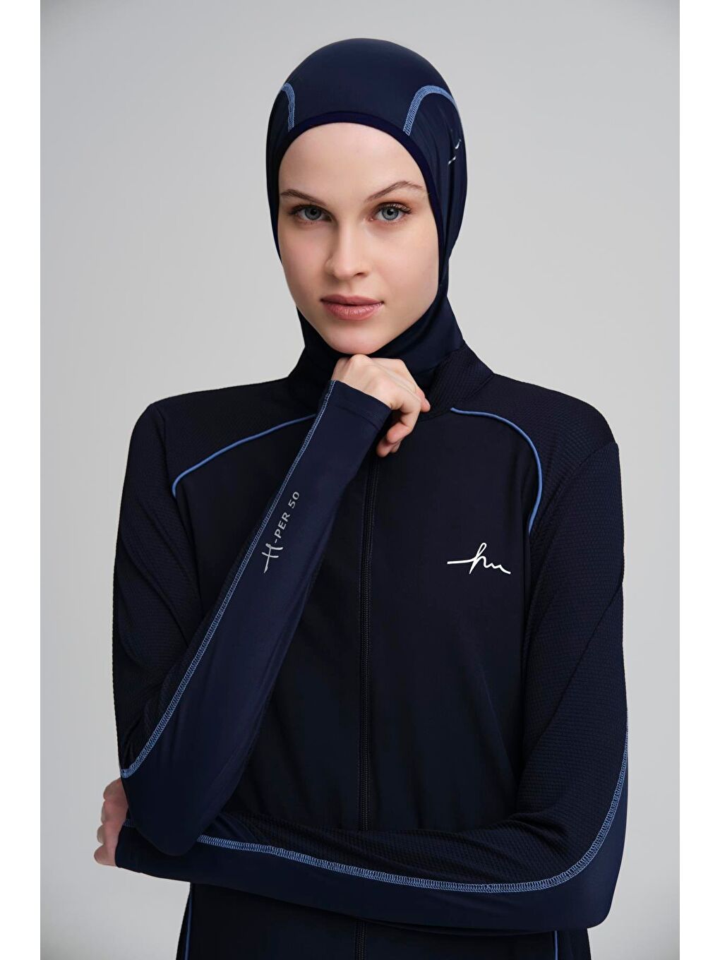 Performans Serisi Petek Doku Detaylı Lacivert 4 Parça Tam Tesettür Mayo Takımı H-Per50 2002-6