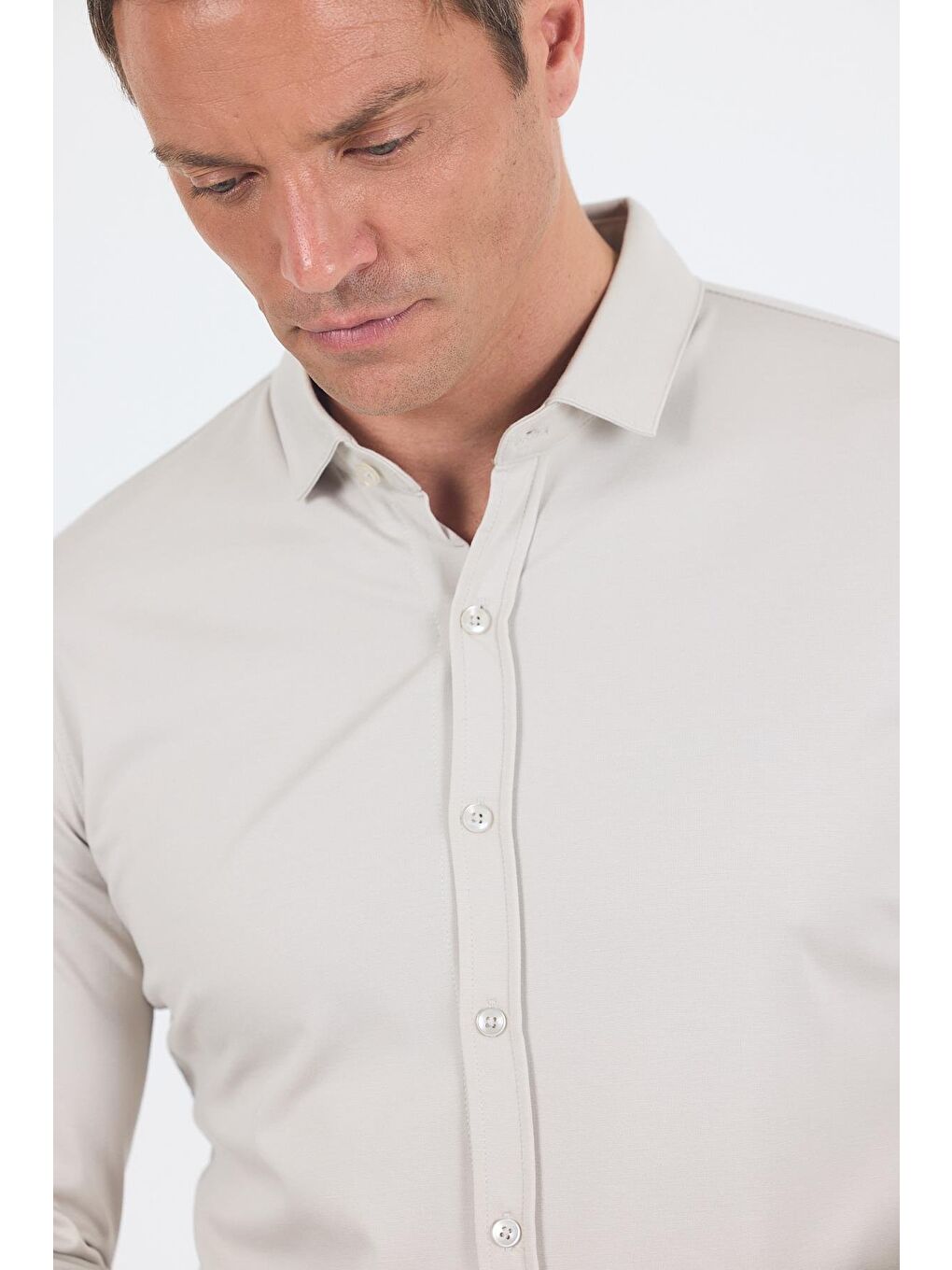 Bej Taş Rengi Uzun Kol Düz Örme Polo Yaka Cepsiz Esnek Classic Slim Fit Gömlek 1004250153_610-3