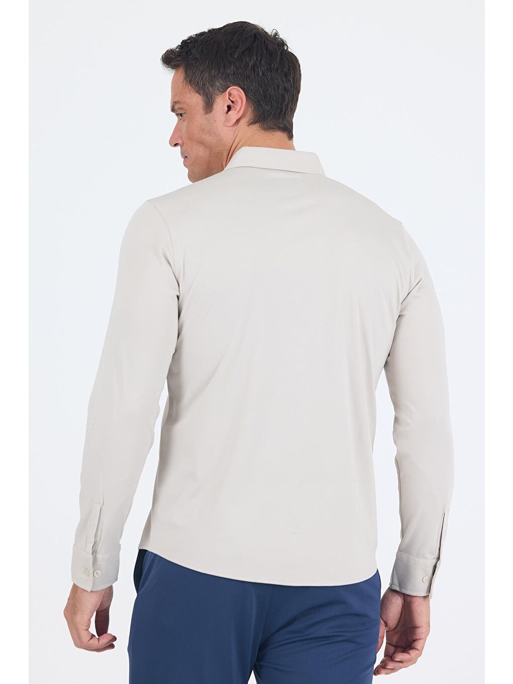 Bej Taş Rengi Uzun Kol Düz Örme Polo Yaka Cepsiz Esnek Classic Slim Fit Gömlek 1004250153_610-4