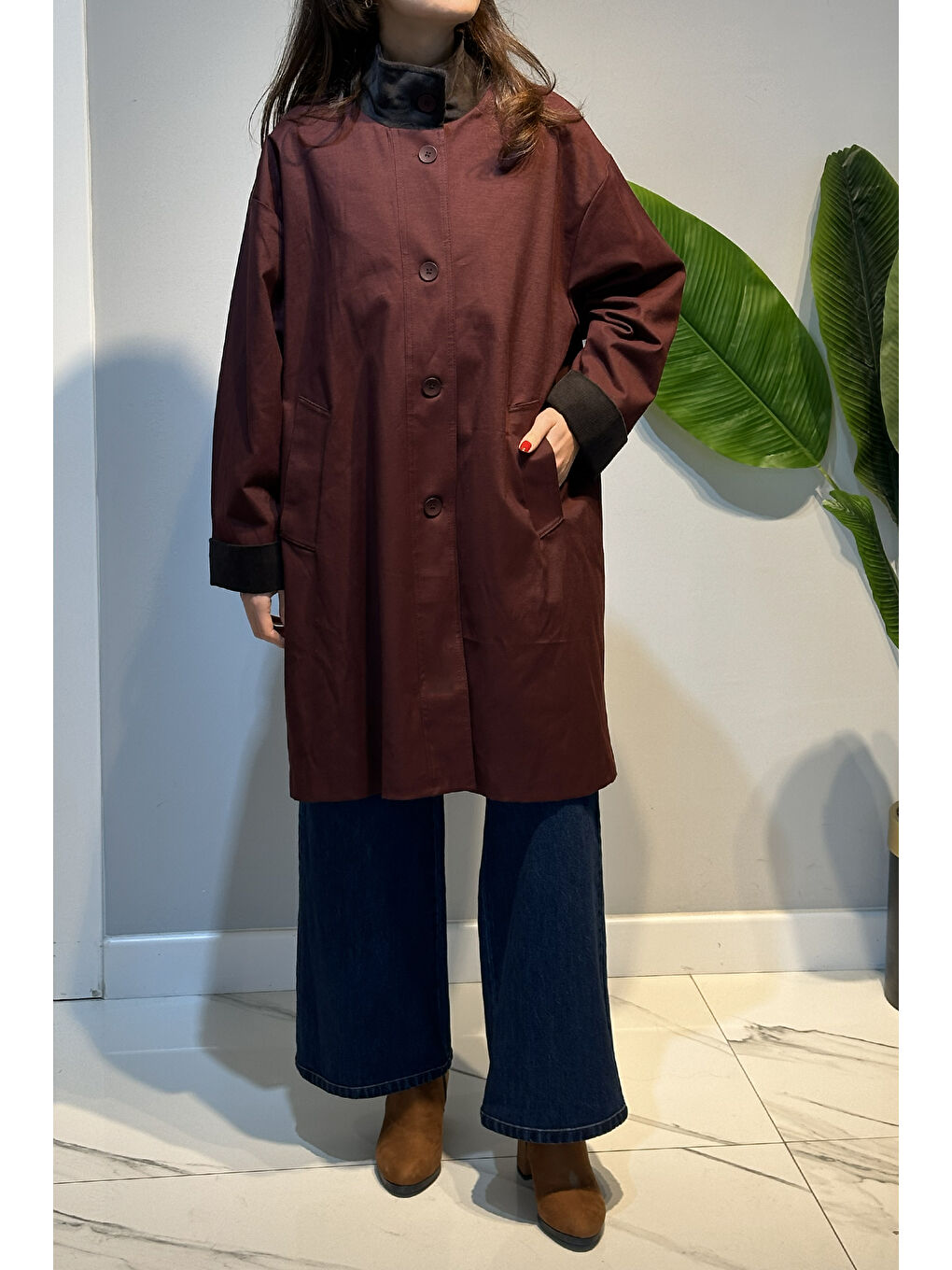 Önü Düğmeli Yaka Kadife Detay Kap Ceket 16745 Bordo-2