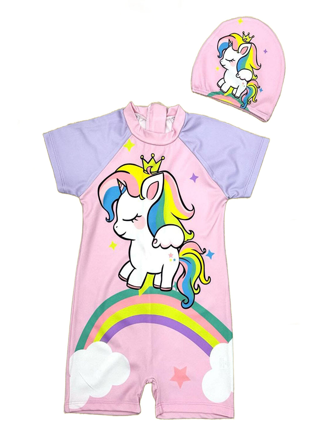 Lila Kız Çocuk Fermuarlı - Kısa Kollu Boneli Mayo Takımı 2-8 Yaş 12263