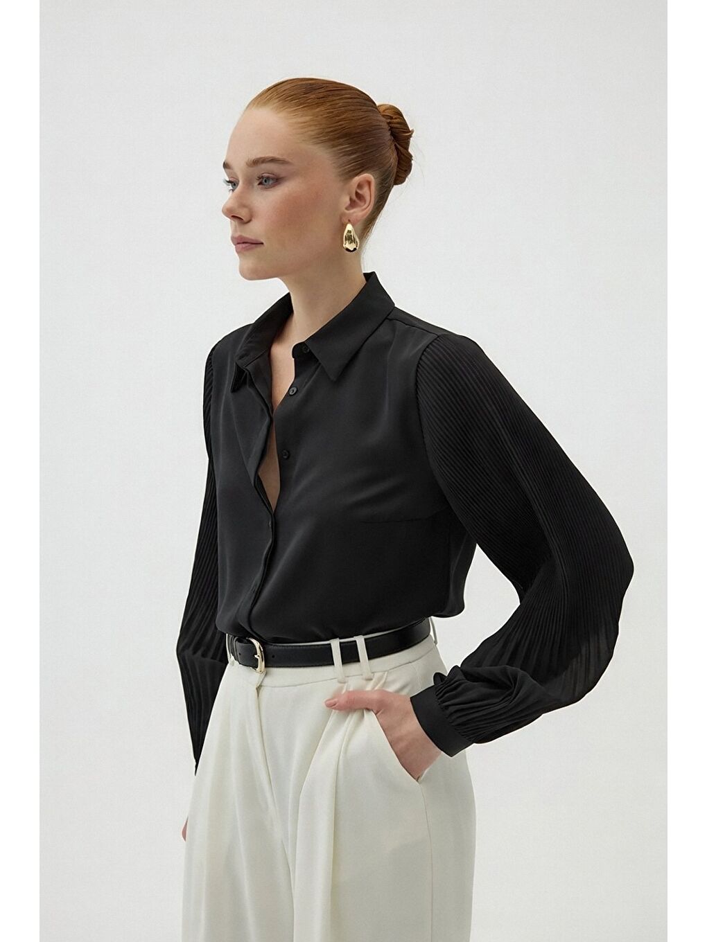 Plise Kollu Gömlek - Siyah-1