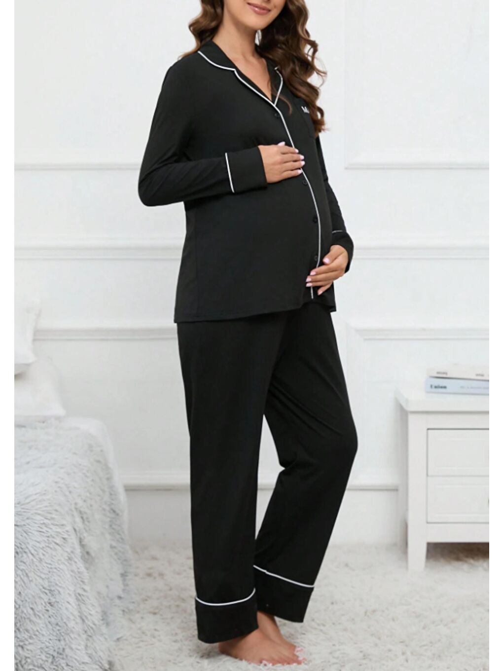 Siyah Gömlek Yaka Önden Düğmeli Uzun Kol Rahat Form Hamile ve Lohusa Pijama Takımı-2