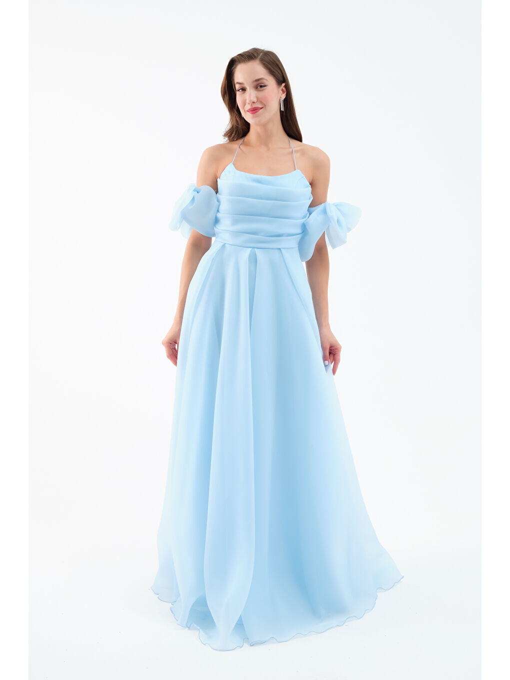 Kadın Bebe Mavi Göğüs Drapeli Organze Abiye Elbise-1