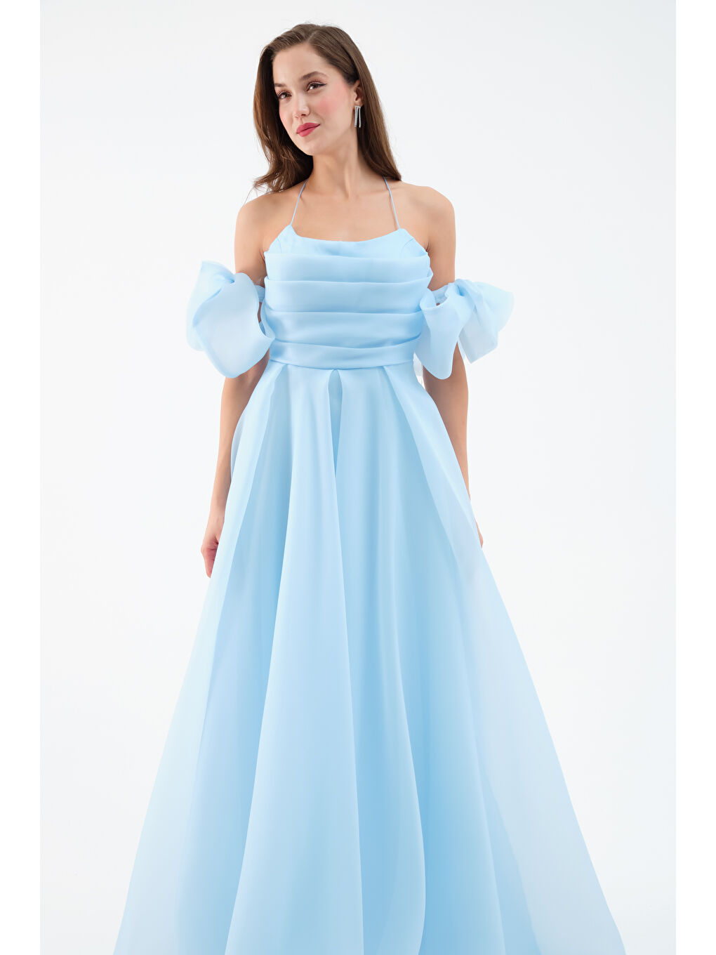 Kadın Bebe Mavi Göğüs Drapeli Organze Abiye Elbise-2