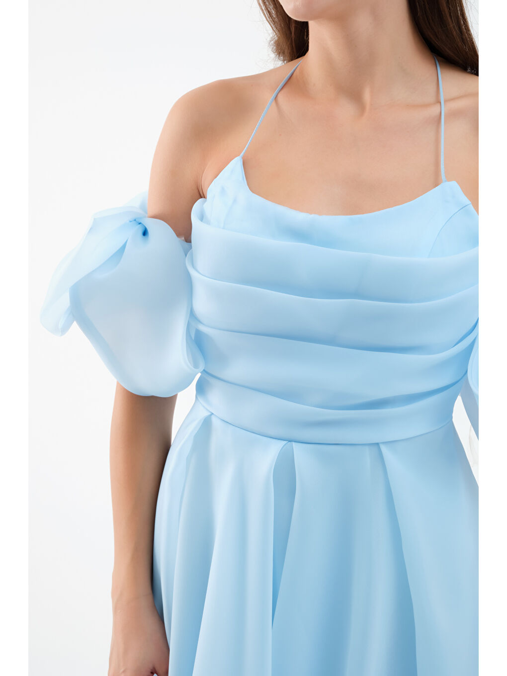 Kadın Bebe Mavi Göğüs Drapeli Organze Abiye Elbise-3