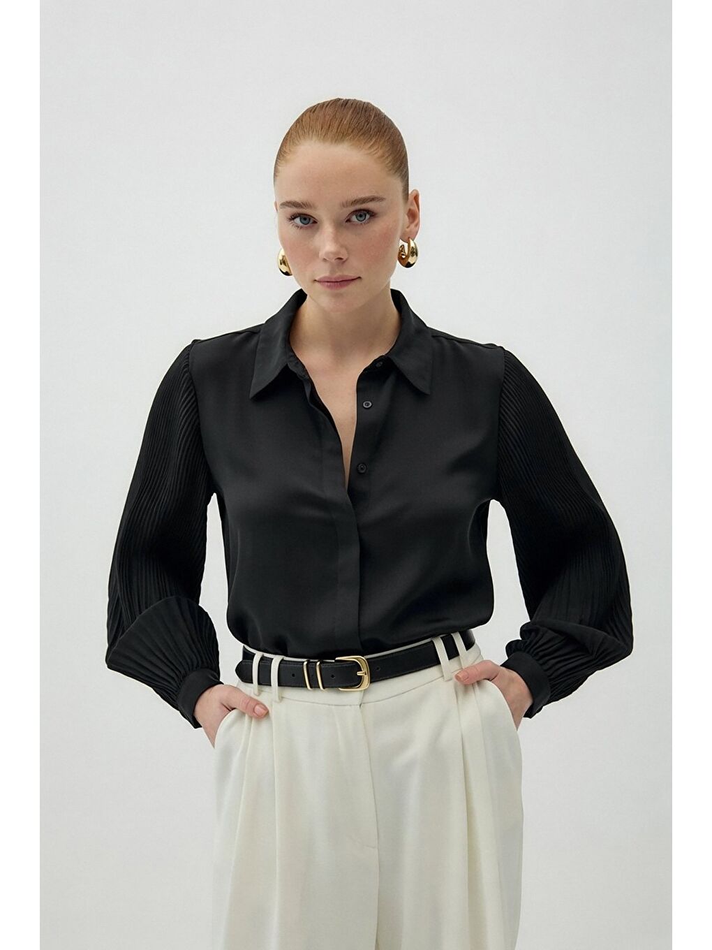 Plise Kollu Gömlek - Siyah-3