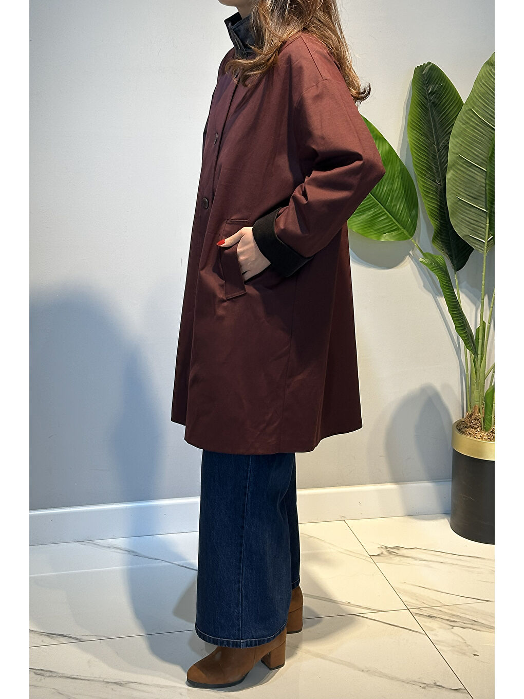 Önü Düğmeli Yaka Kadife Detay Kap Ceket 16745 Bordo-3