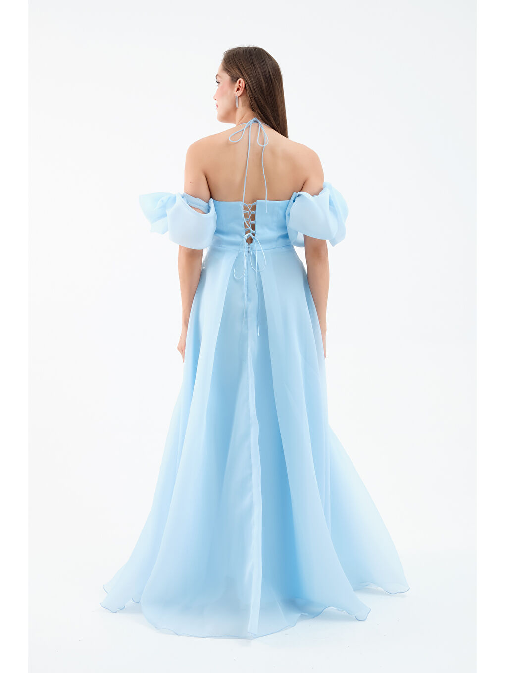 Kadın Bebe Mavi Göğüs Drapeli Organze Abiye Elbise-4