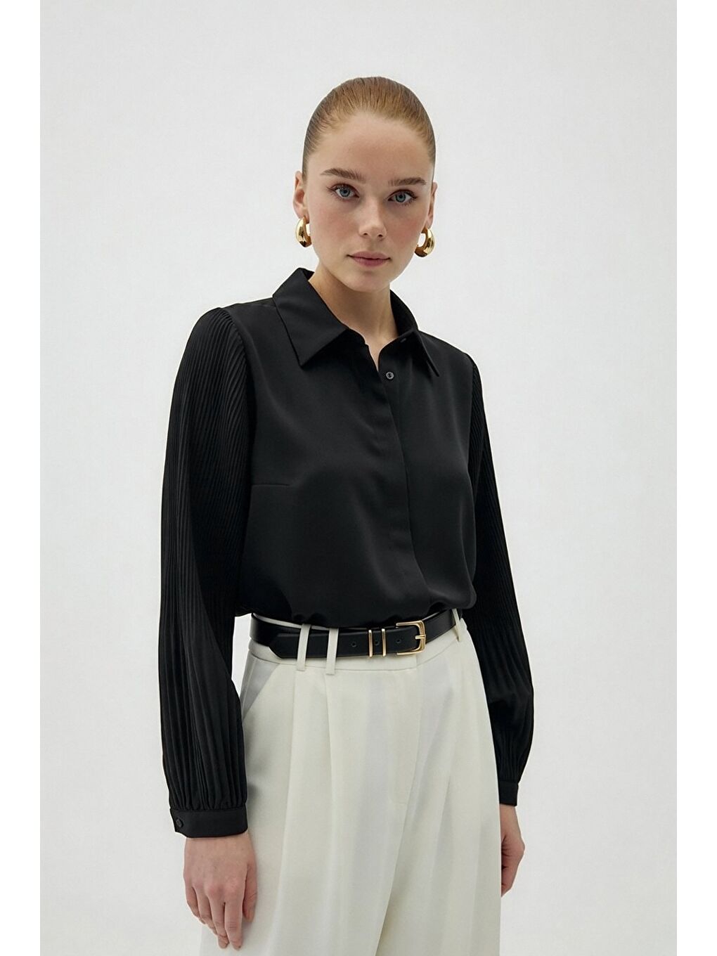 Plise Kollu Gömlek - Siyah-4