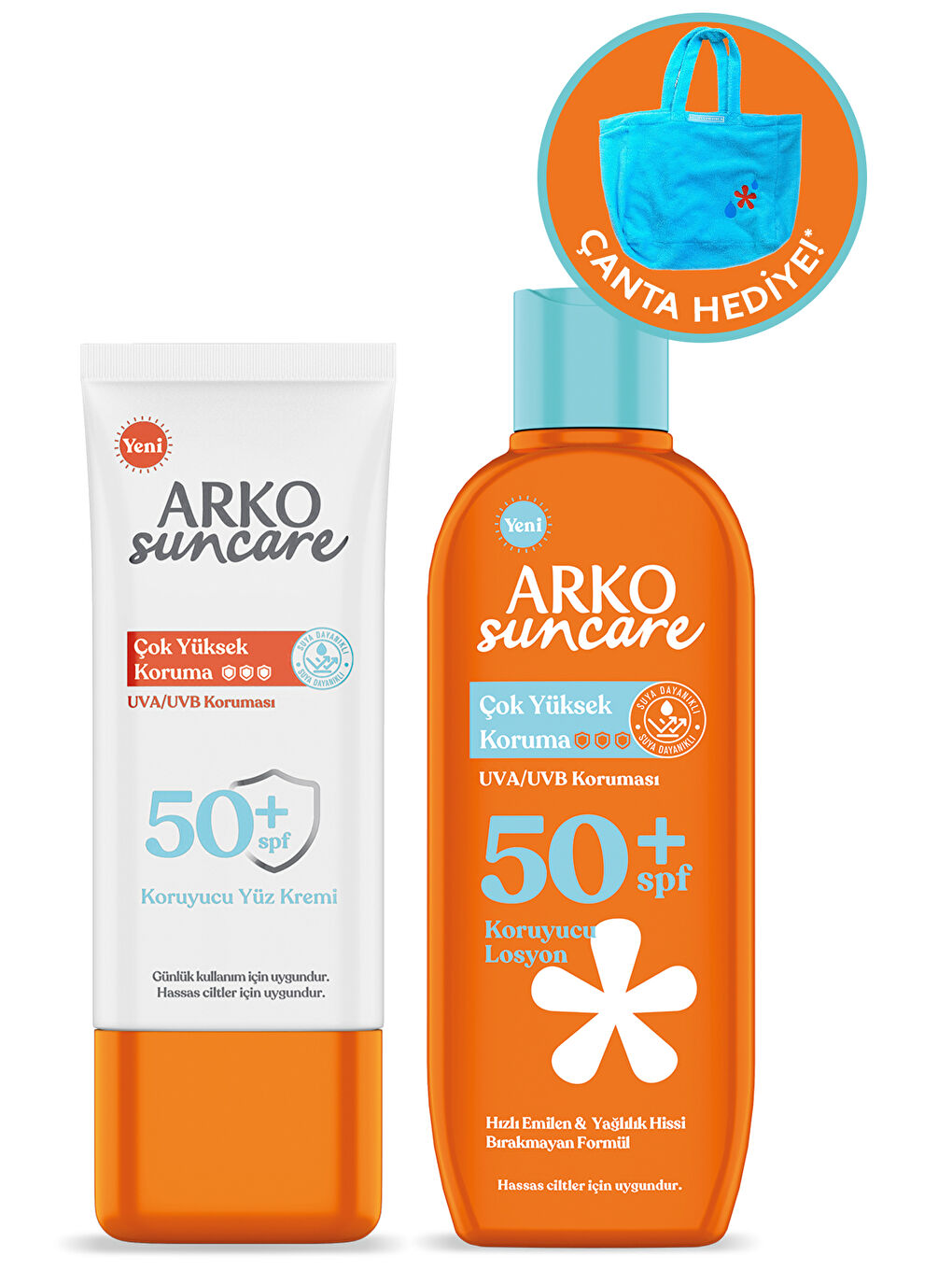 Arko Beyaz Spf50+ Vücut Güneş Losyonu 200 ml & Spf50+ Yüz Güneş Kremi 50 ml Çanta Hediyeli İkili Yaz Seti