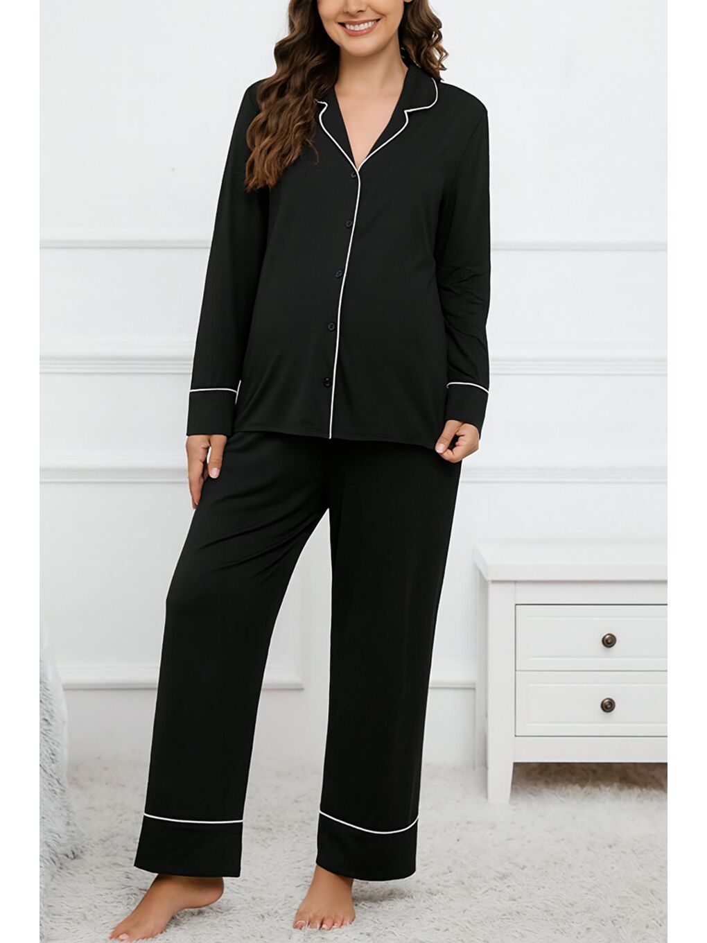 Siyah Gömlek Yaka Önden Düğmeli Uzun Kol Rahat Form Hamile ve Lohusa Pijama Takımı-3