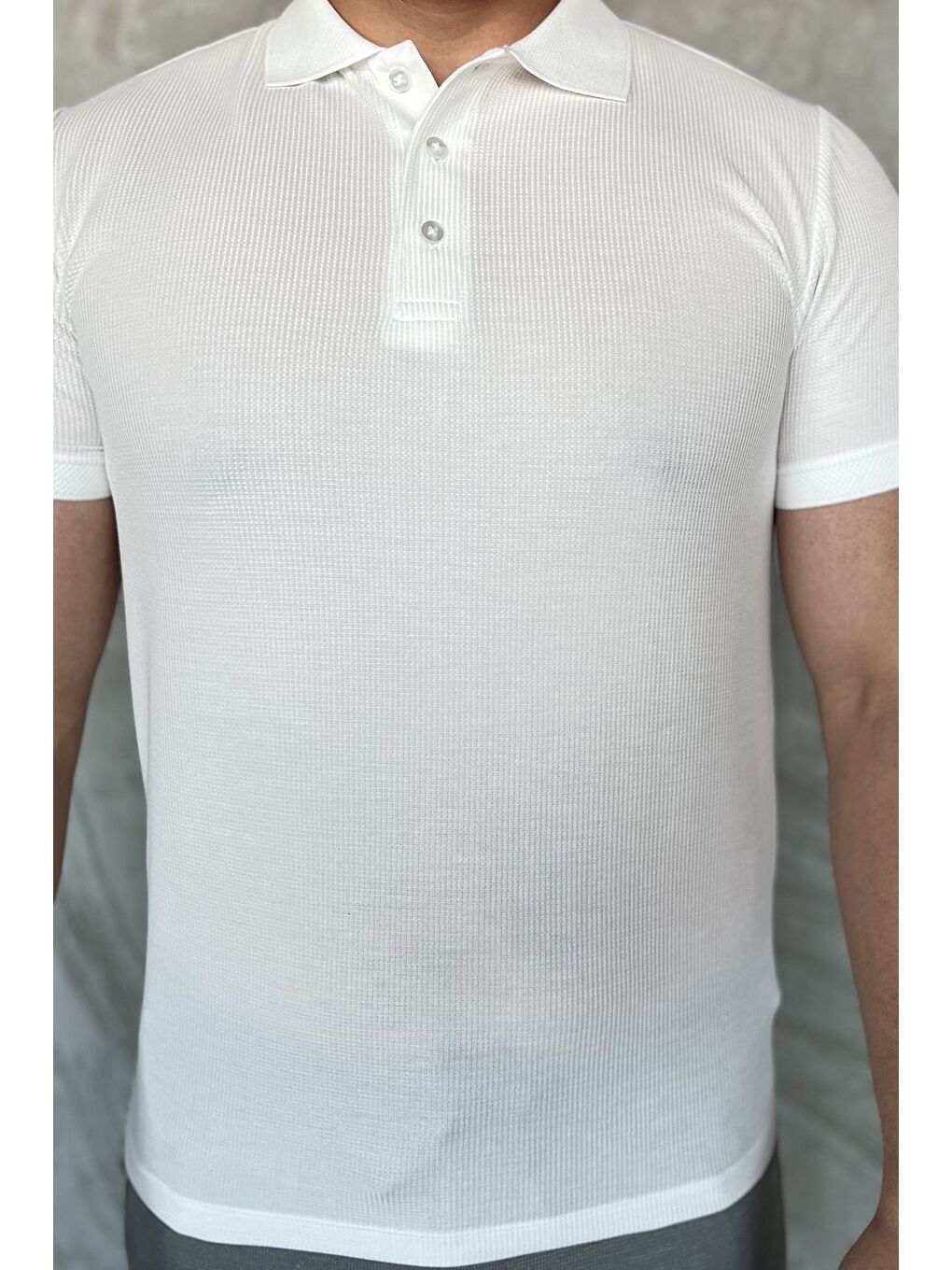 Beyaz Erkek Polo Yaka Yarım Düğmeli Tişört-3