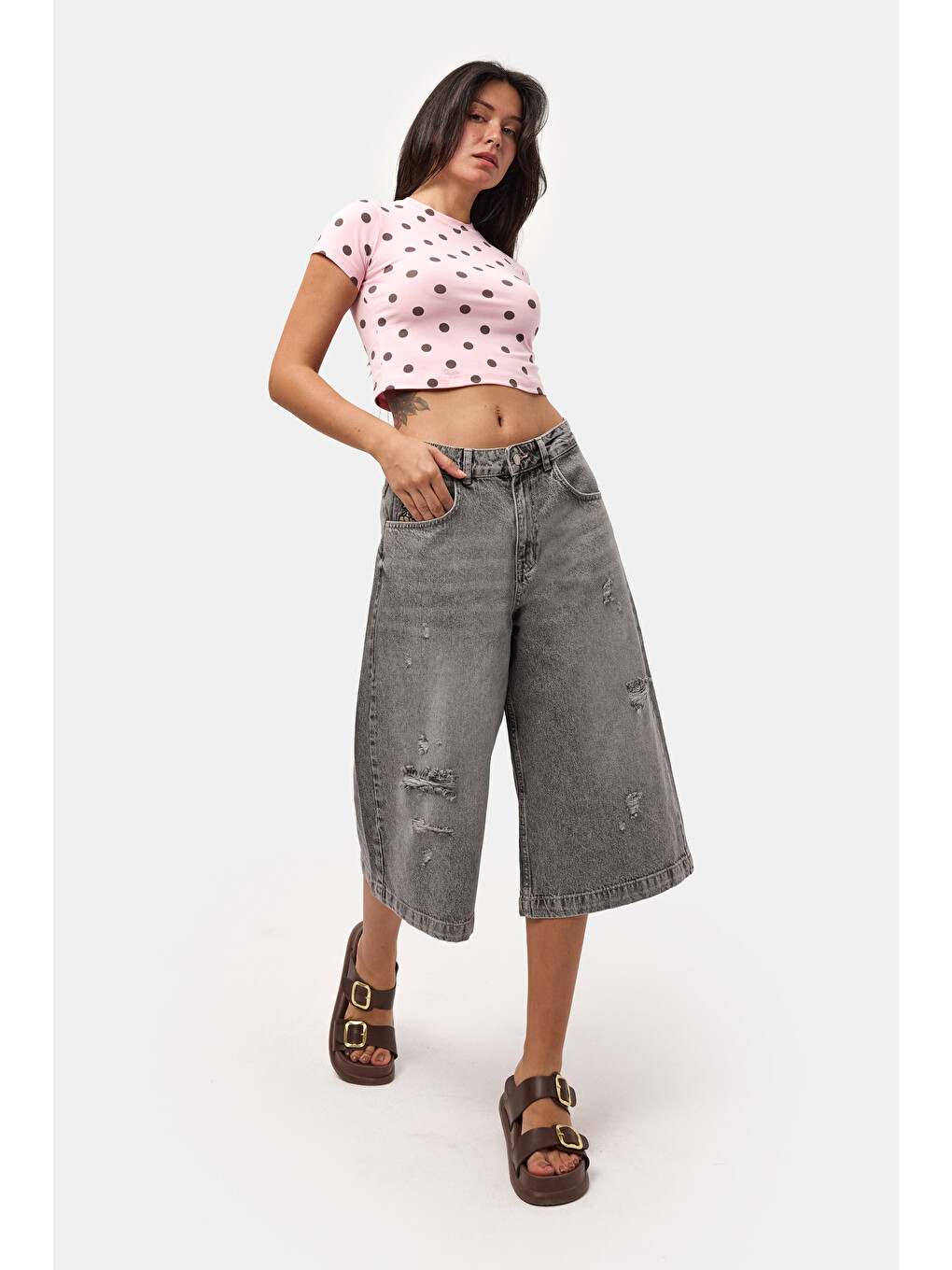 Gri Kadın Füme 12s6-13 Baggy Fit Maxi Denim Tasarım Bermuda Şort-1