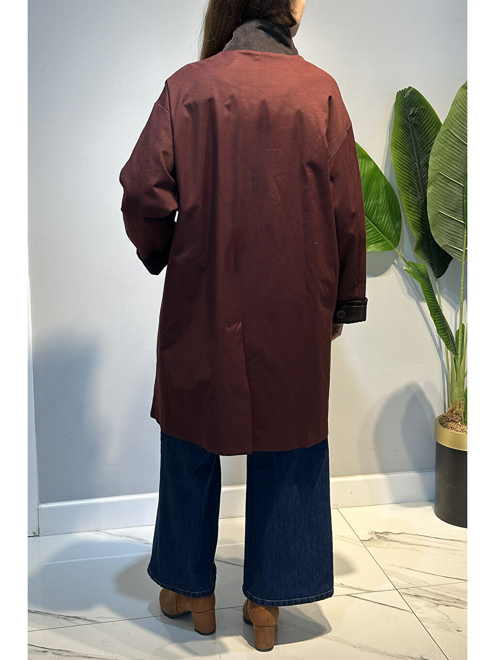 Önü Düğmeli Yaka Kadife Detay Kap Ceket 16745 Bordo-4