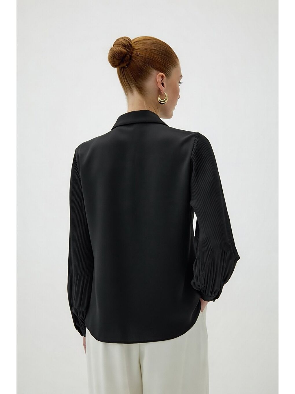 Plise Kollu Gömlek - Siyah-6