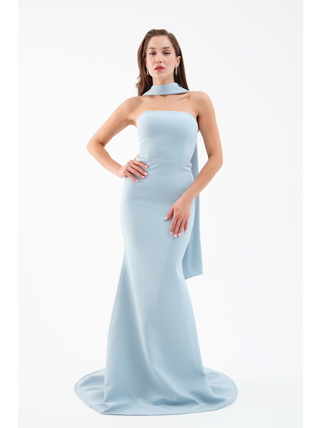 Kadın Bebe Mavi Şal Yaka Detay Uzun Abiye Elbise