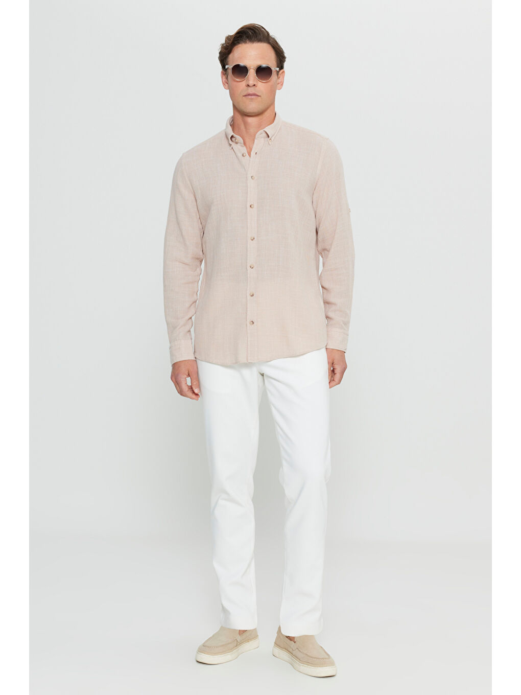 Erkek Bej %100 Pamuk Flamlı Slim Fit Dar Kesim Düğmeli Yaka Armürlü Gömlek-1