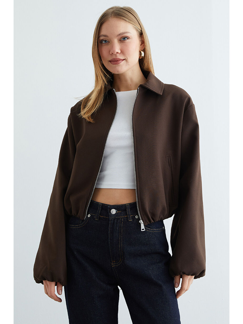 Kahverengi Fermuarlı Polo Yaka Crop Bomber Ceket-3