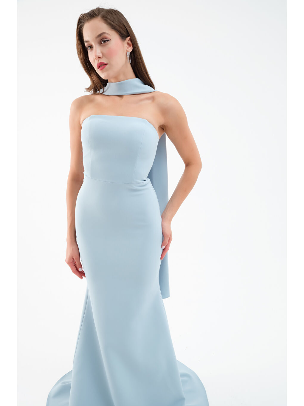 Kadın Bebe Mavi Şal Yaka Detay Uzun Abiye Elbise-2