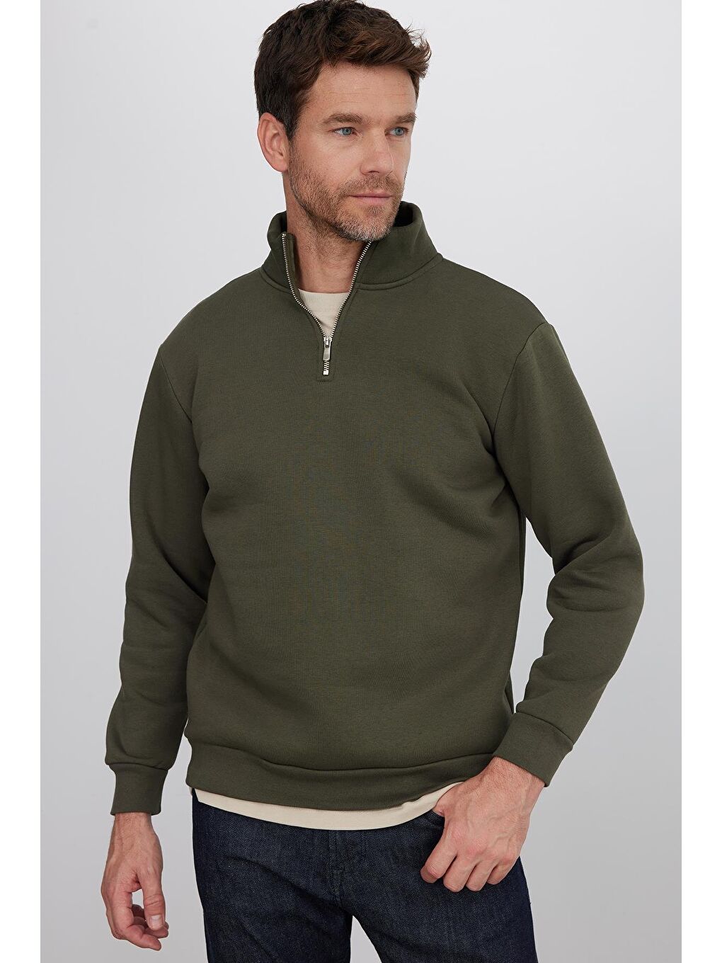 Unisex Relax Fit Rahat Kesim Pamuklu İçi Polarlı Yarım Fermuarlı Haki Dik Yaka Sweatshirt-1