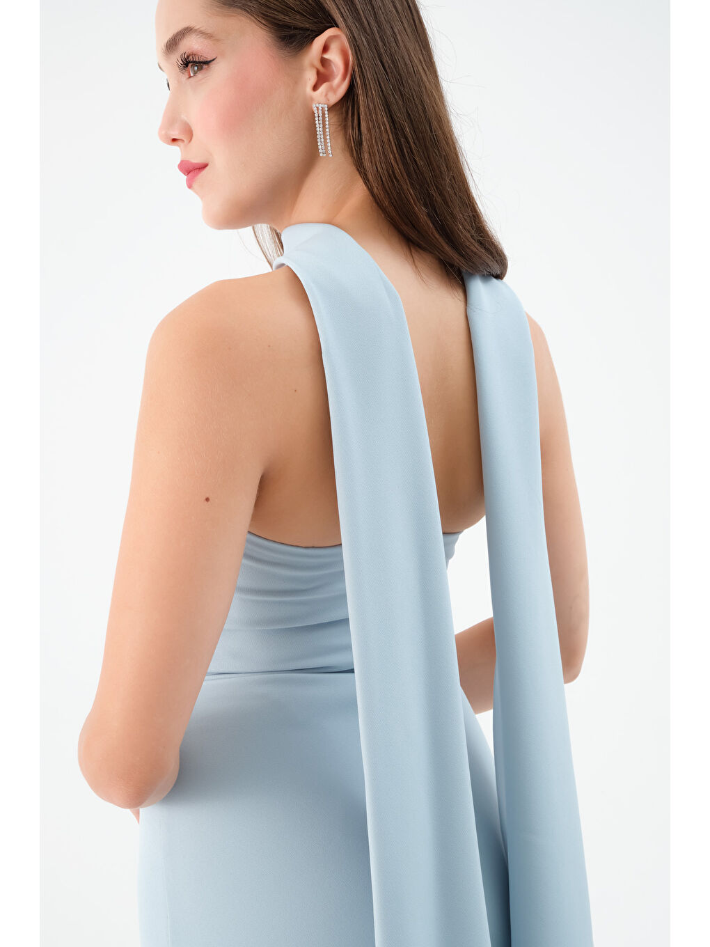 Kadın Bebe Mavi Şal Yaka Detay Uzun Abiye Elbise-3