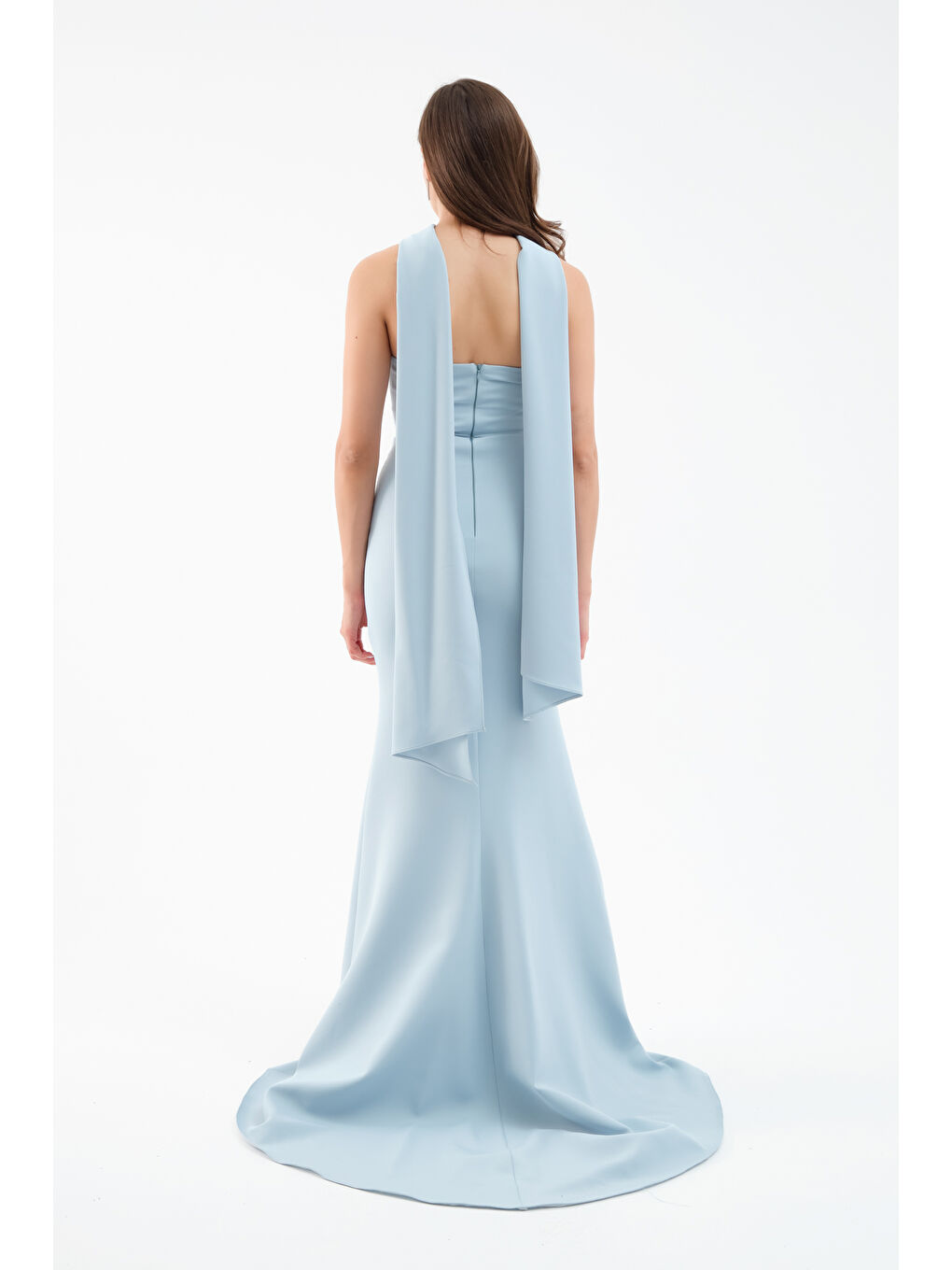 Kadın Bebe Mavi Şal Yaka Detay Uzun Abiye Elbise-4