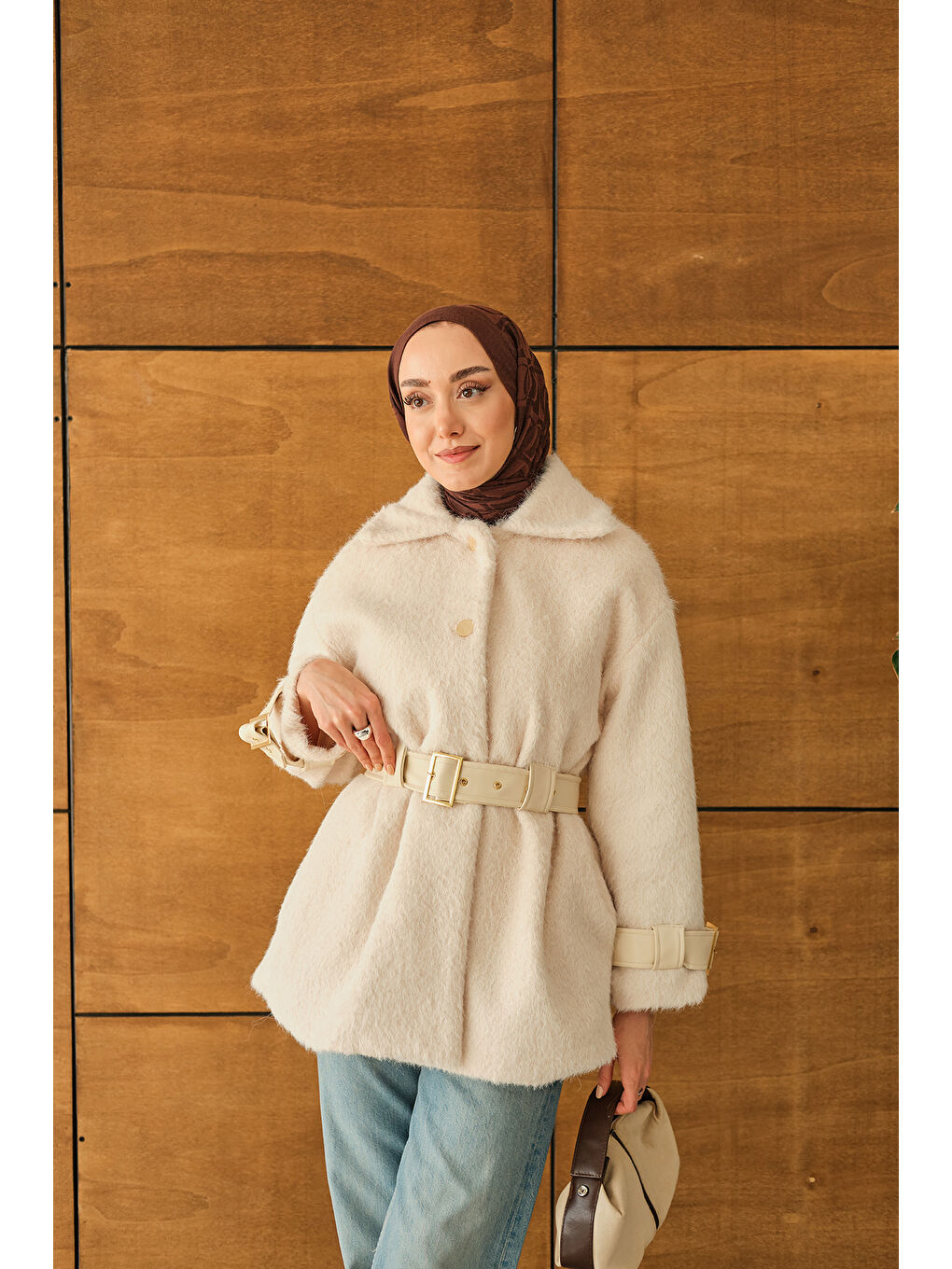 Ekru Kadın Gold Düğme Detay Kemerli Ceket Krem-2