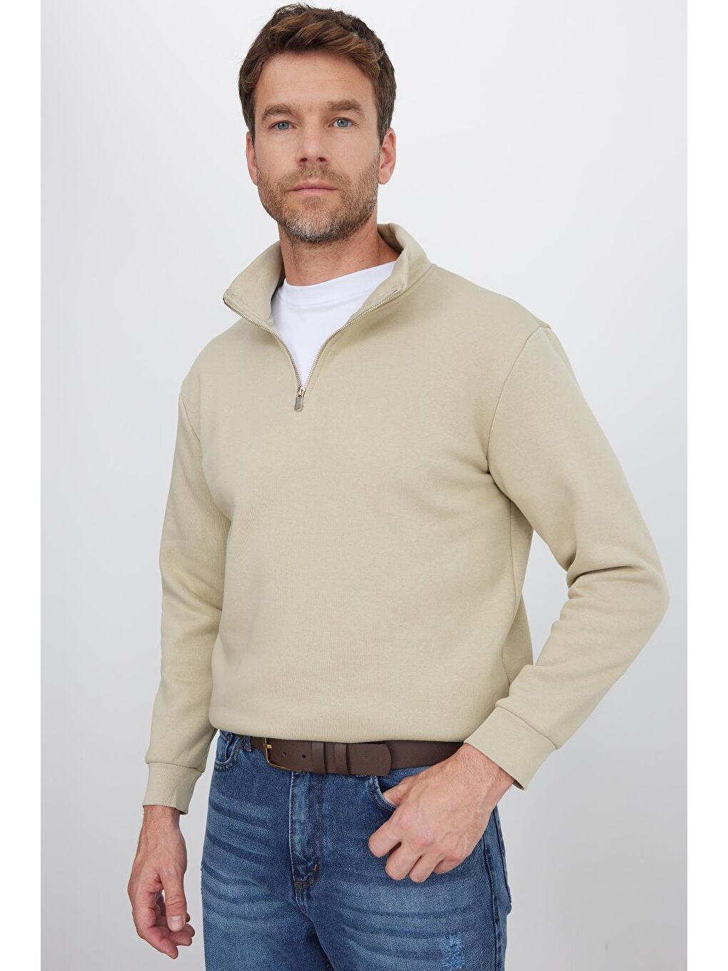 Unisex Relax Fit Rahat Kesim Pamuklu İçi Polarlı Yarım Fermuarlı Bej Dik Yaka Sweatshirt