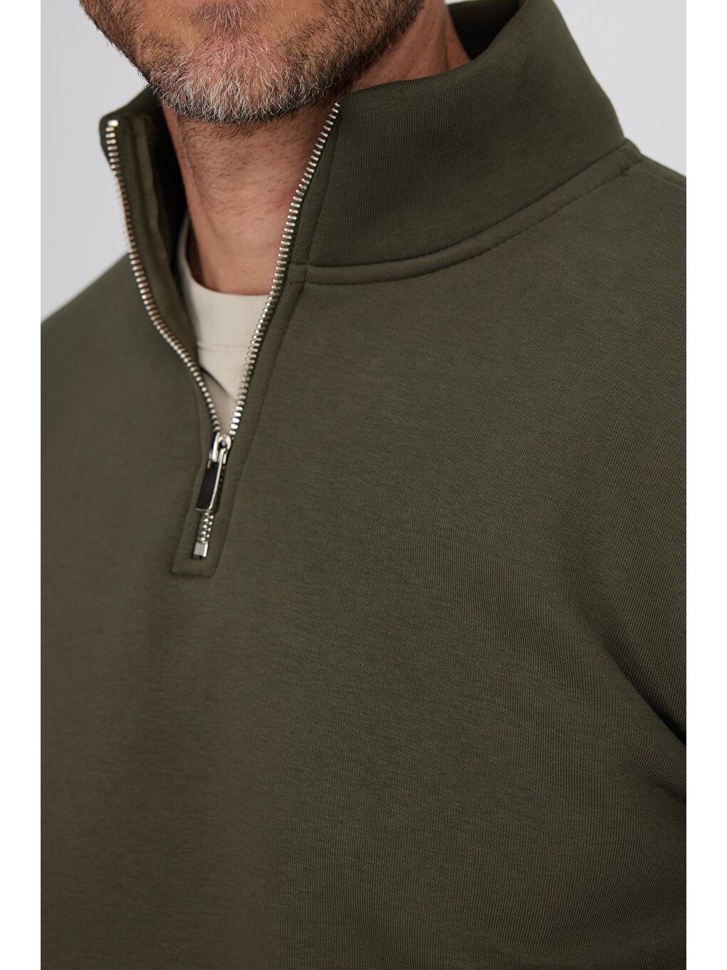 Unisex Relax Fit Rahat Kesim Pamuklu İçi Polarlı Yarım Fermuarlı Haki Dik Yaka Sweatshirt-2