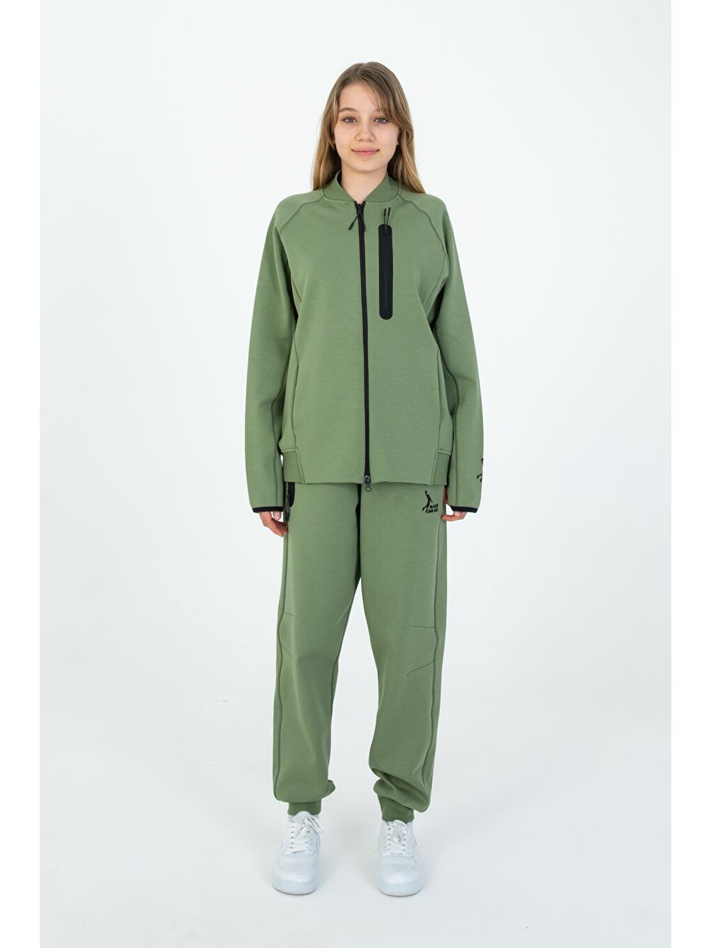 Haki Çocuk Ayarlanabilir Bel Fermuarlı Baskılı Eşofman Takım