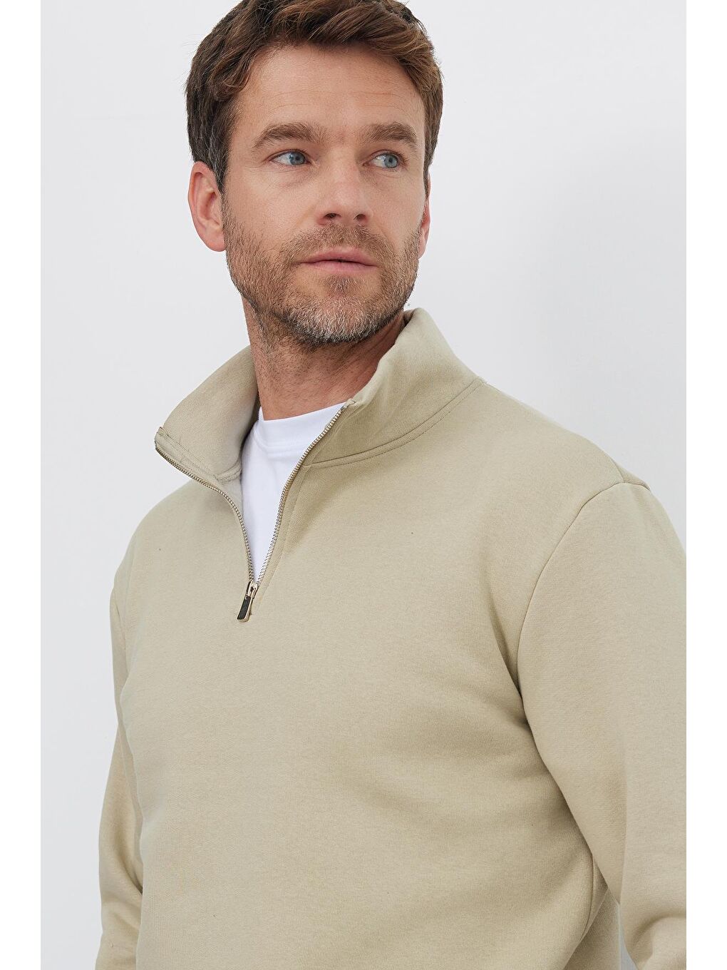 Unisex Relax Fit Rahat Kesim Pamuklu İçi Polarlı Yarım Fermuarlı Bej Dik Yaka Sweatshirt-1
