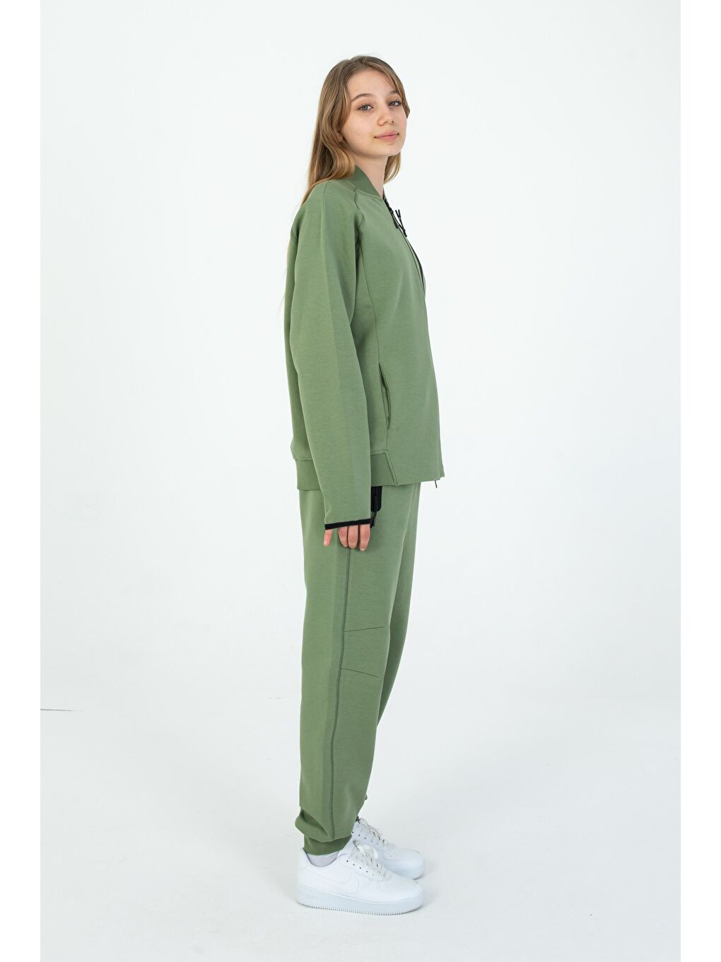 Haki Çocuk Ayarlanabilir Bel Fermuarlı Baskılı Eşofman Takım-1