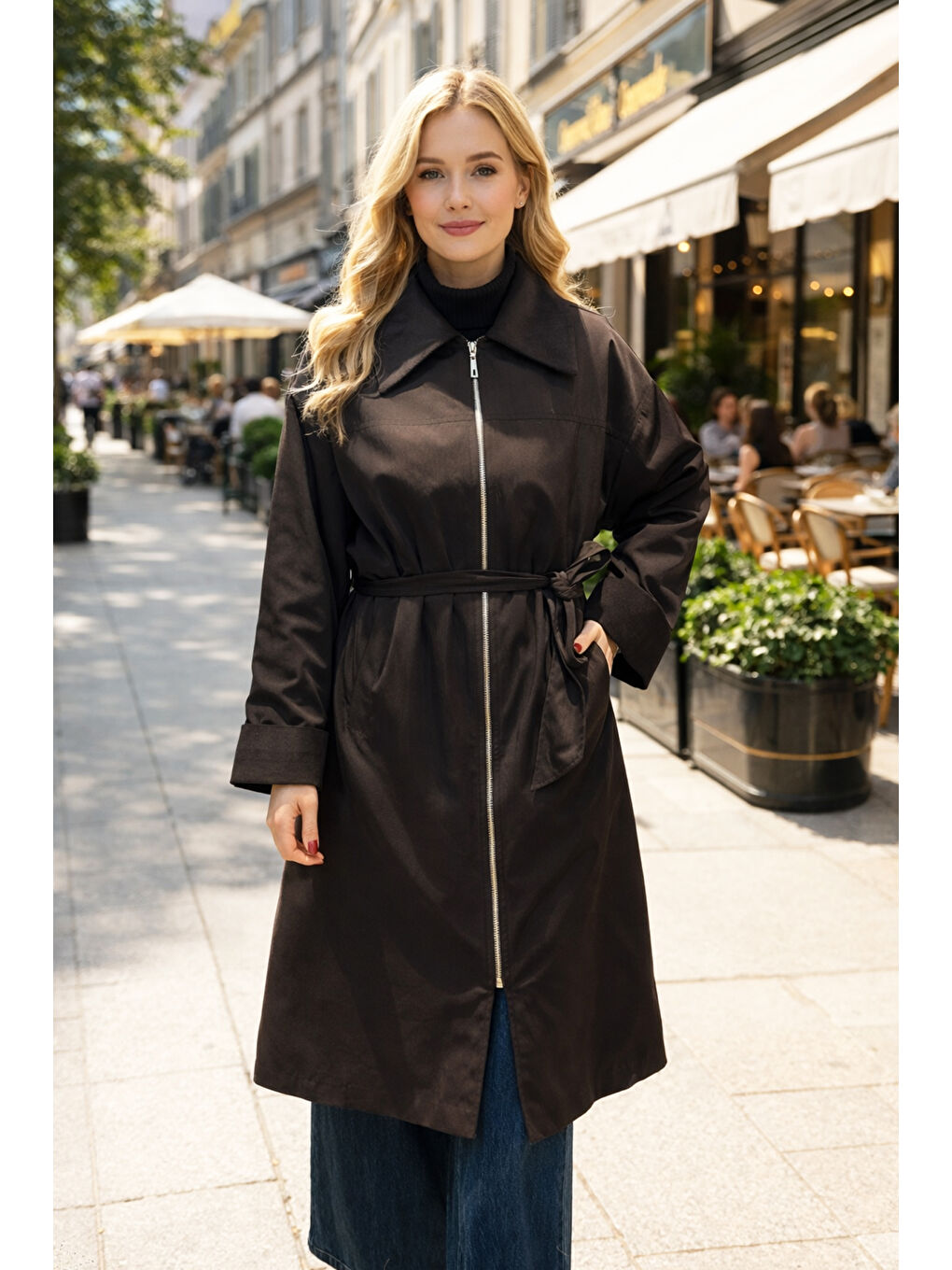 Önü Fermuarlı Yaka Kadife Detay Kap Ceket 16745 Kahverengi