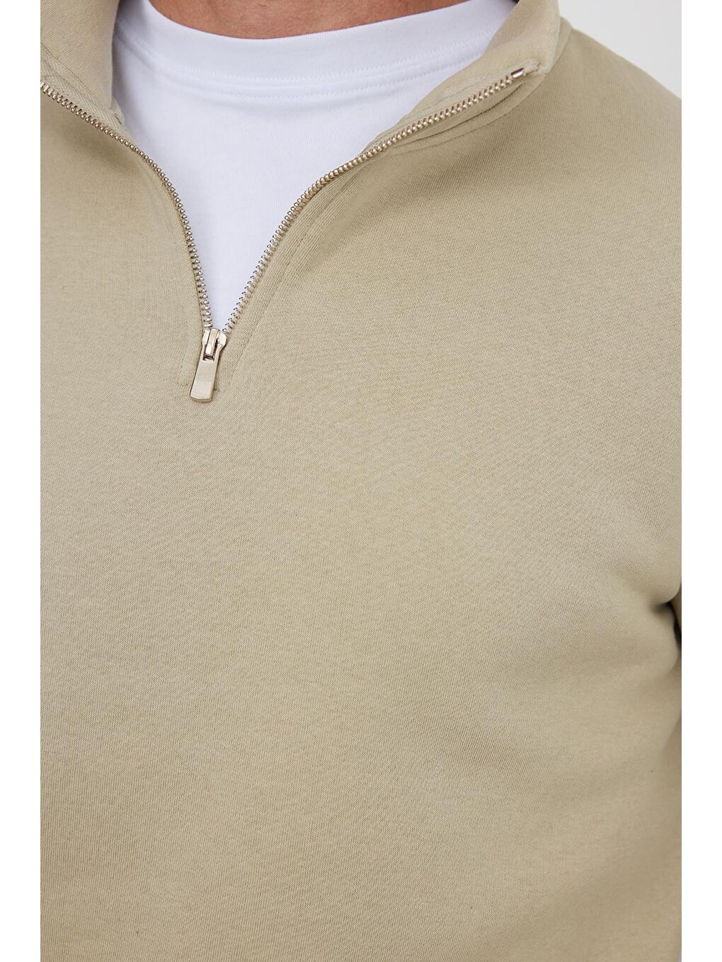 Unisex Relax Fit Rahat Kesim Pamuklu İçi Polarlı Yarım Fermuarlı Bej Dik Yaka Sweatshirt-2
