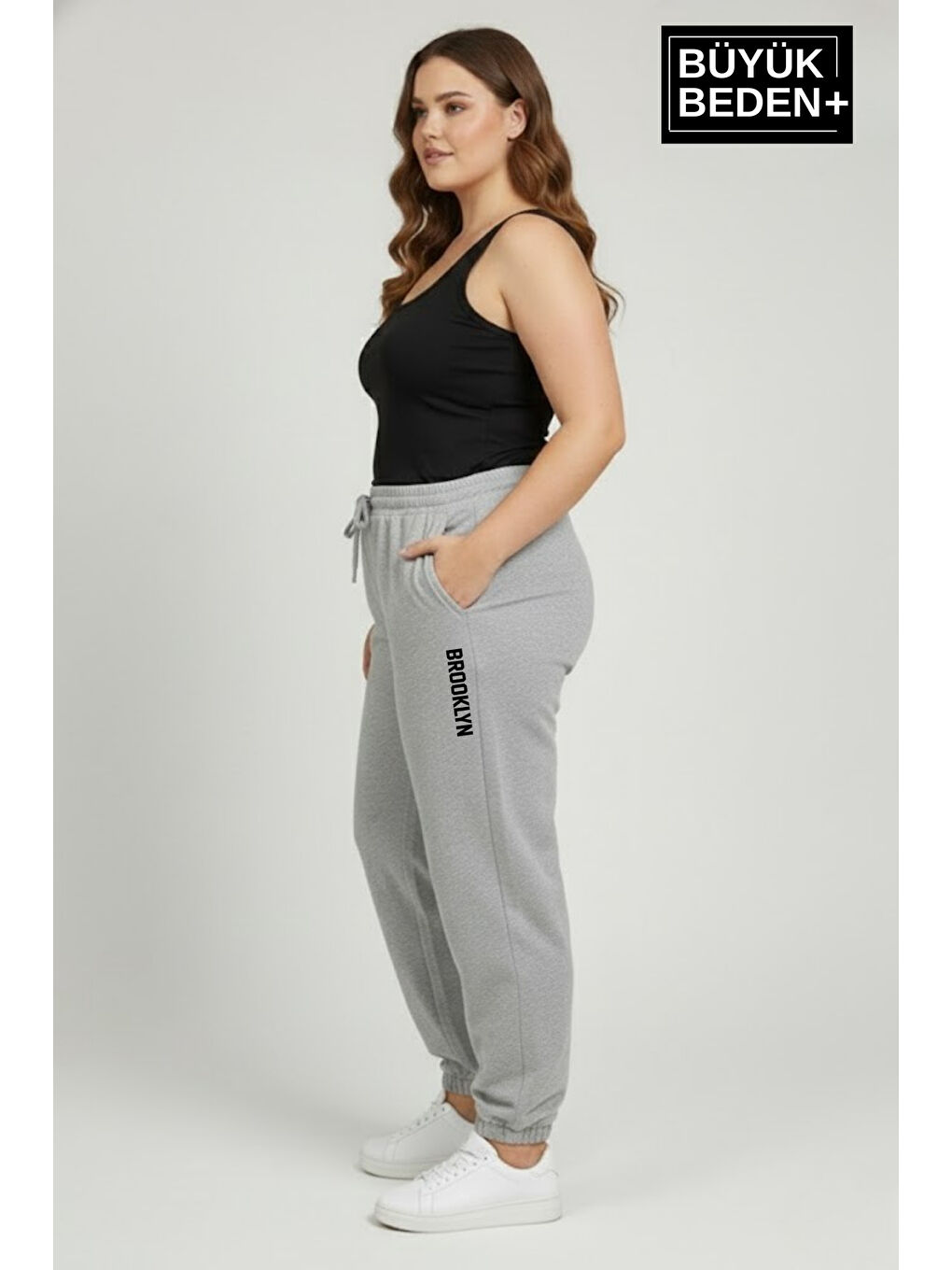 Gri Kadın Büyük Beden BROOKLYN Baskılı Paça Lastikli Jogger İnce Eşofman Altı SPR26BEAK951-2