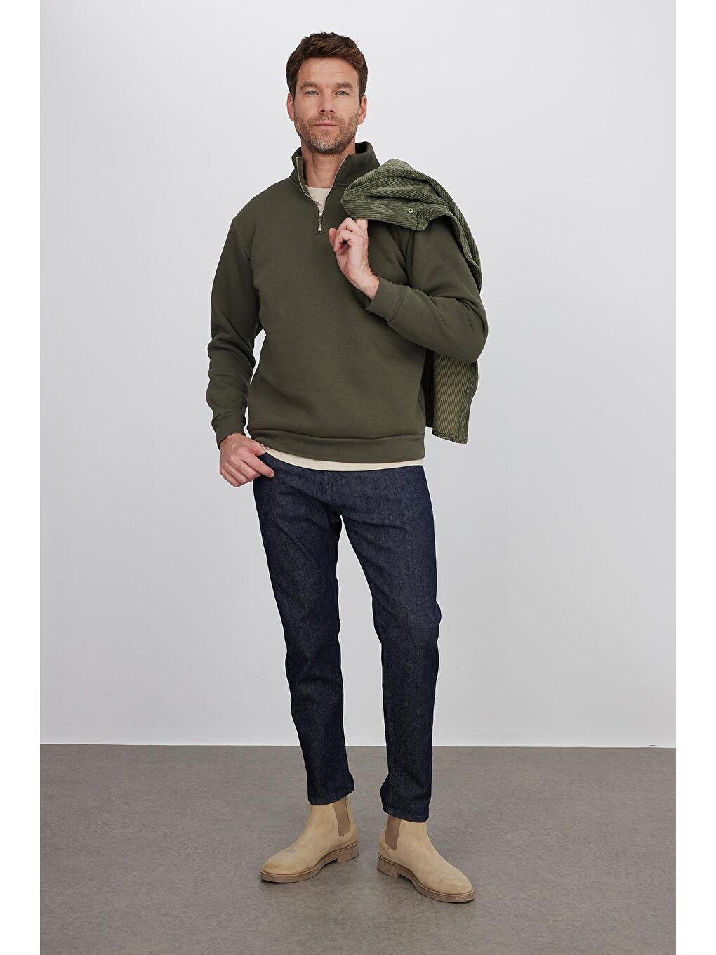 Unisex Relax Fit Rahat Kesim Pamuklu İçi Polarlı Yarım Fermuarlı Haki Dik Yaka Sweatshirt-3