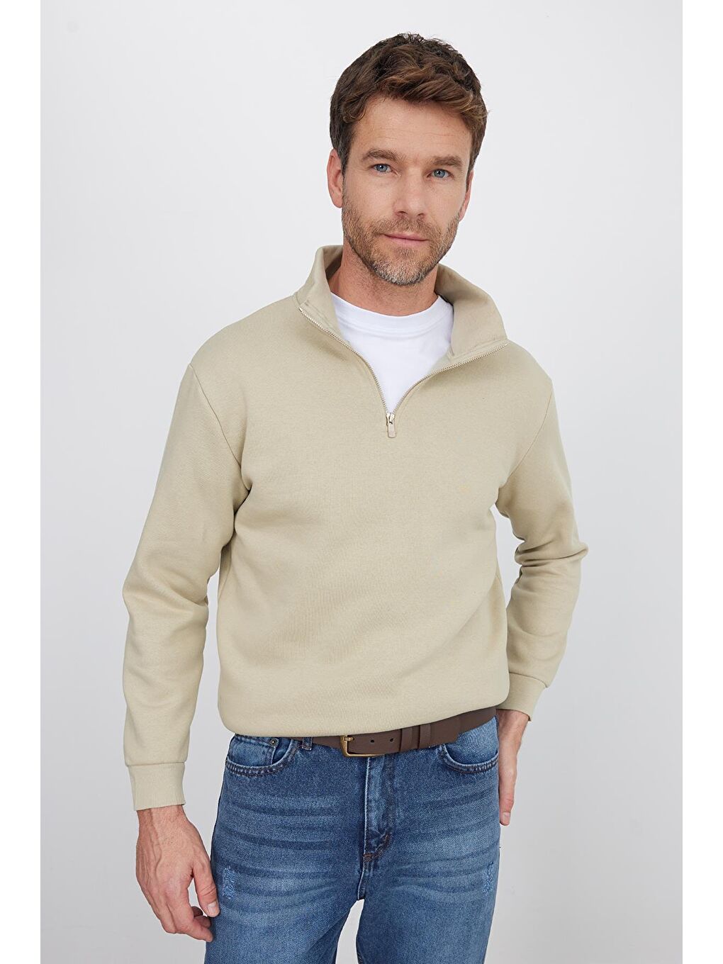 Unisex Relax Fit Rahat Kesim Pamuklu İçi Polarlı Yarım Fermuarlı Bej Dik Yaka Sweatshirt-3
