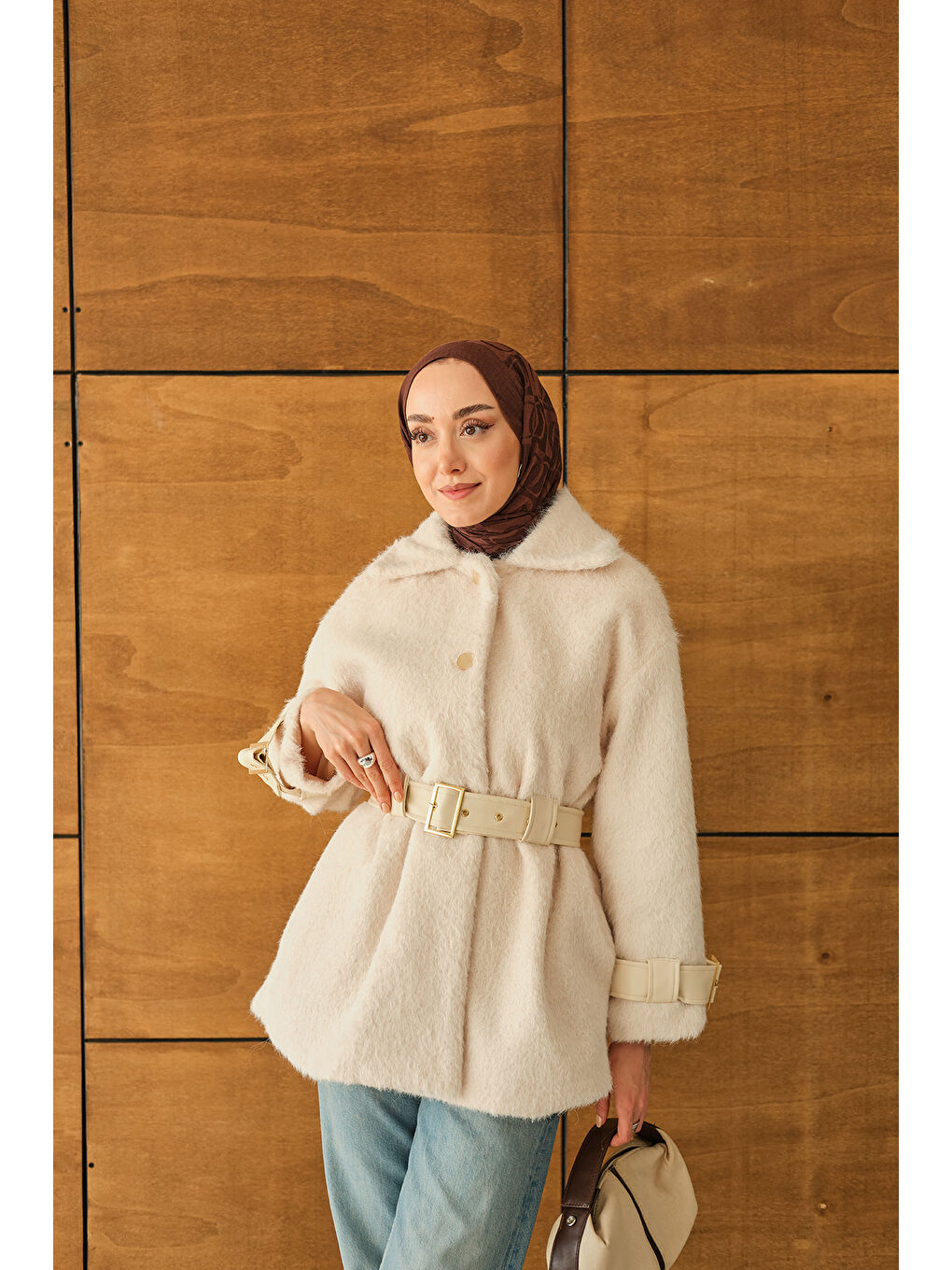 Ekru Kadın Gold Düğme Detay Kemerli Ceket Krem-4