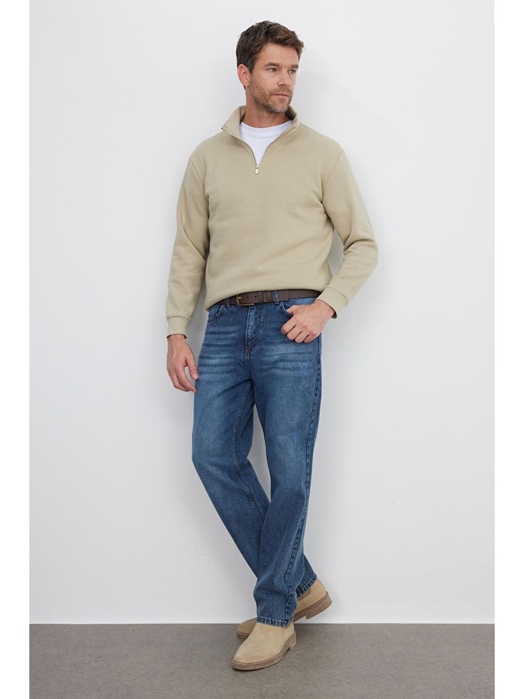 Unisex Relax Fit Rahat Kesim Pamuklu İçi Polarlı Yarım Fermuarlı Bej Dik Yaka Sweatshirt-4