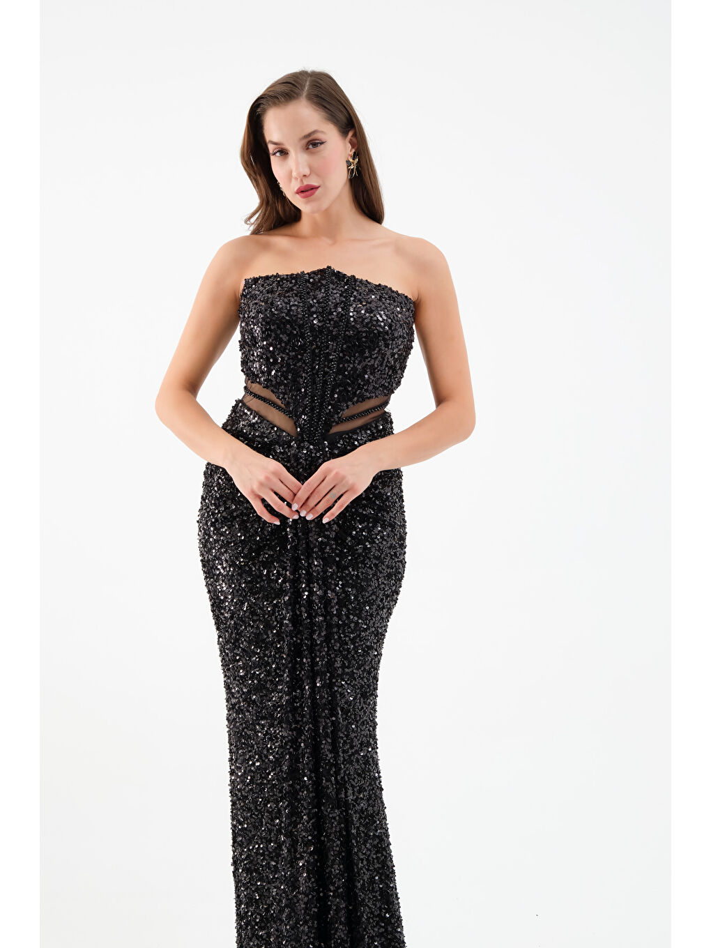 Kadın Siyah Straplez Yırtmaçlı Uzun Abiye Elbise-1