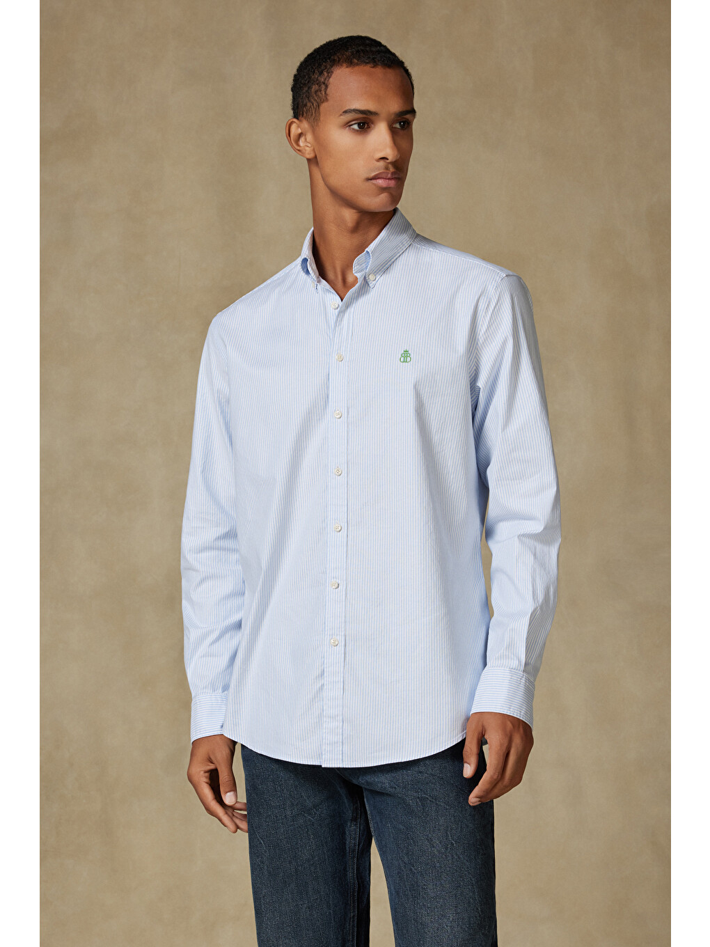 Luca Oxford Stretch Pamuk Karışımlı Comfort Fit Açık Mavi Düğmeli Yaka Erkek Çizgili Gömlek
