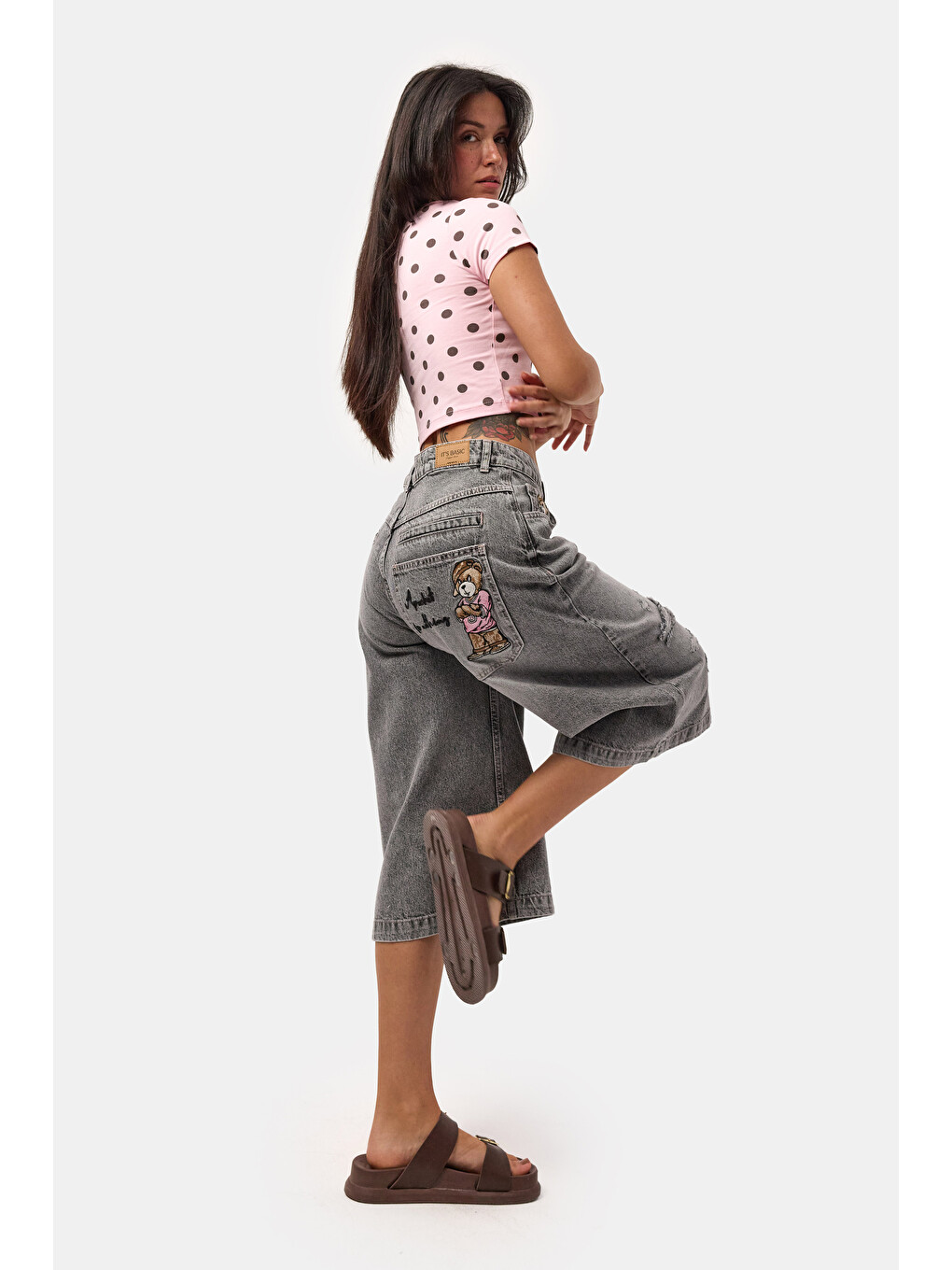 Gri Kadın Füme 12s6-13 Baggy Fit Maxi Denim Tasarım Bermuda Şort-3