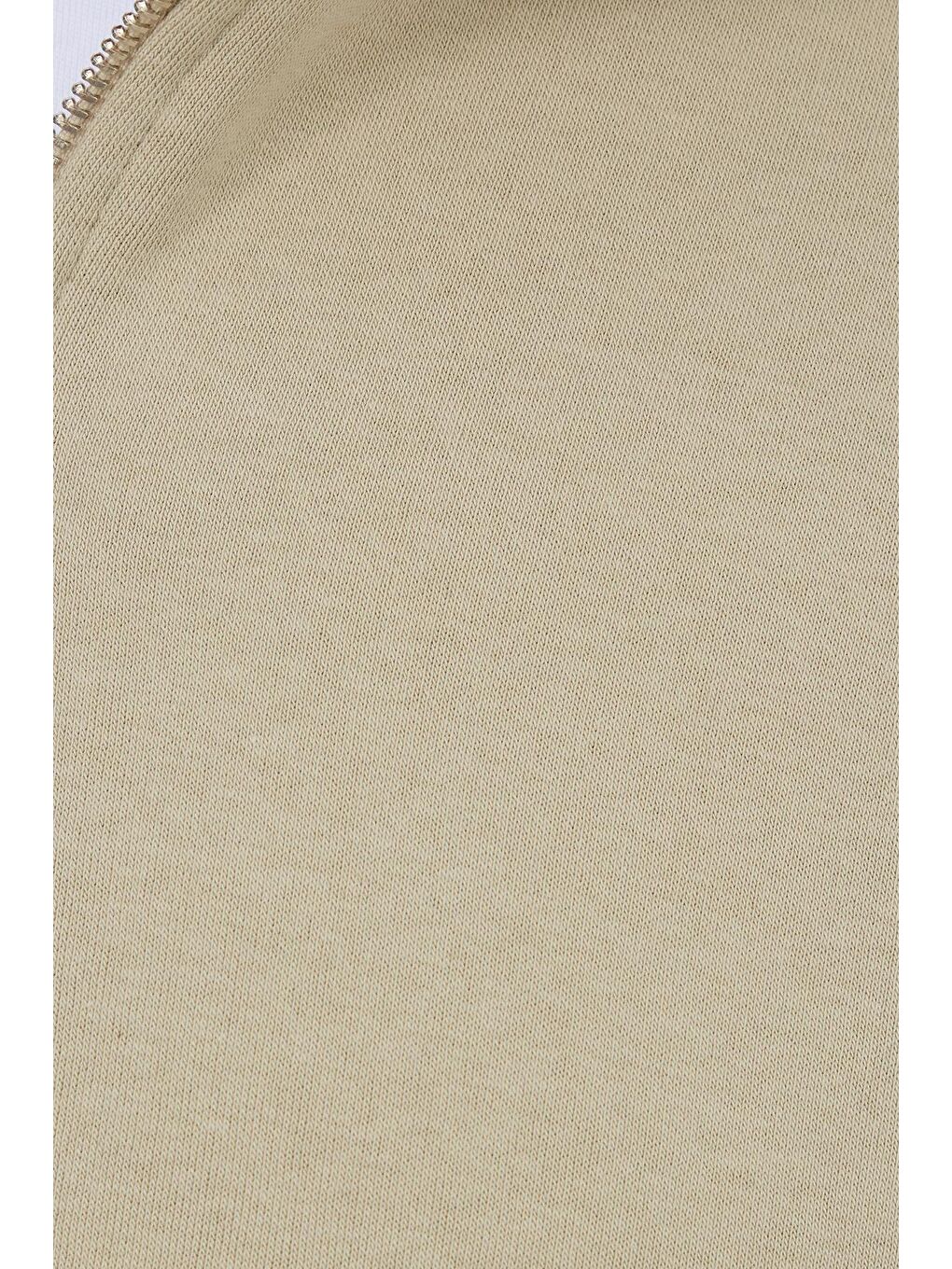 Unisex Relax Fit Rahat Kesim Pamuklu İçi Polarlı Yarım Fermuarlı Bej Dik Yaka Sweatshirt-5