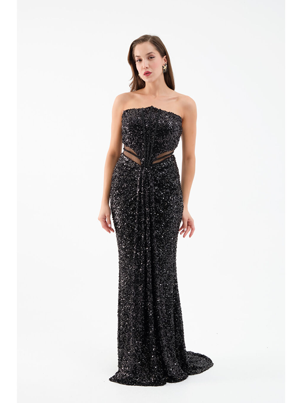 Kadın Siyah Straplez Yırtmaçlı Uzun Abiye Elbise-3