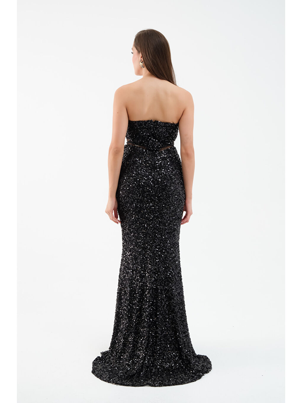 Kadın Siyah Straplez Yırtmaçlı Uzun Abiye Elbise-4