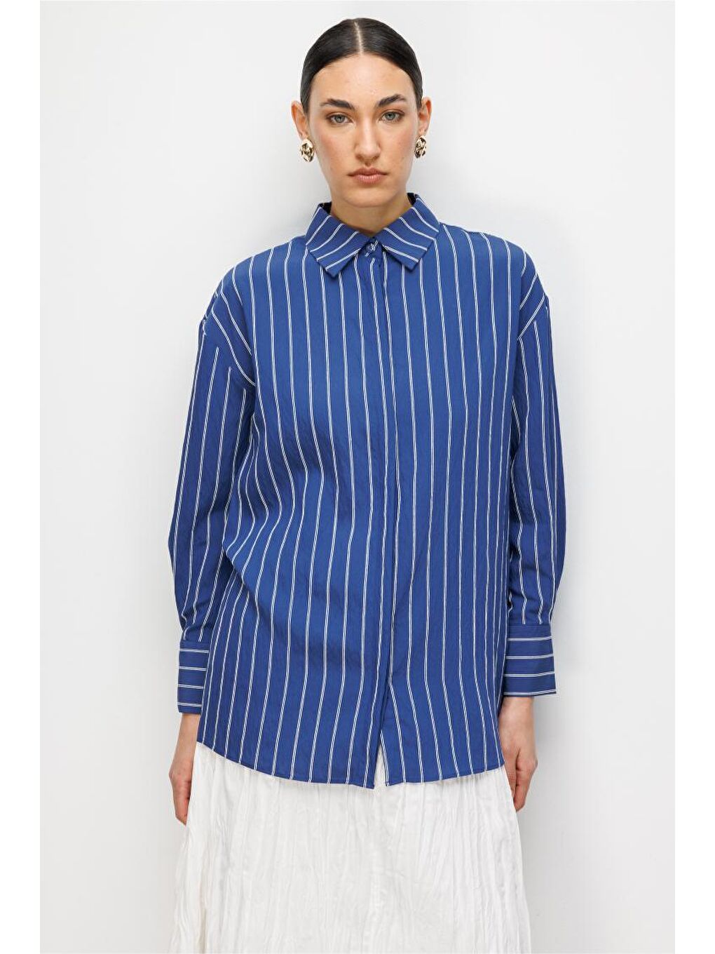 Oversize Lacivert Çizgili Gömlek-1